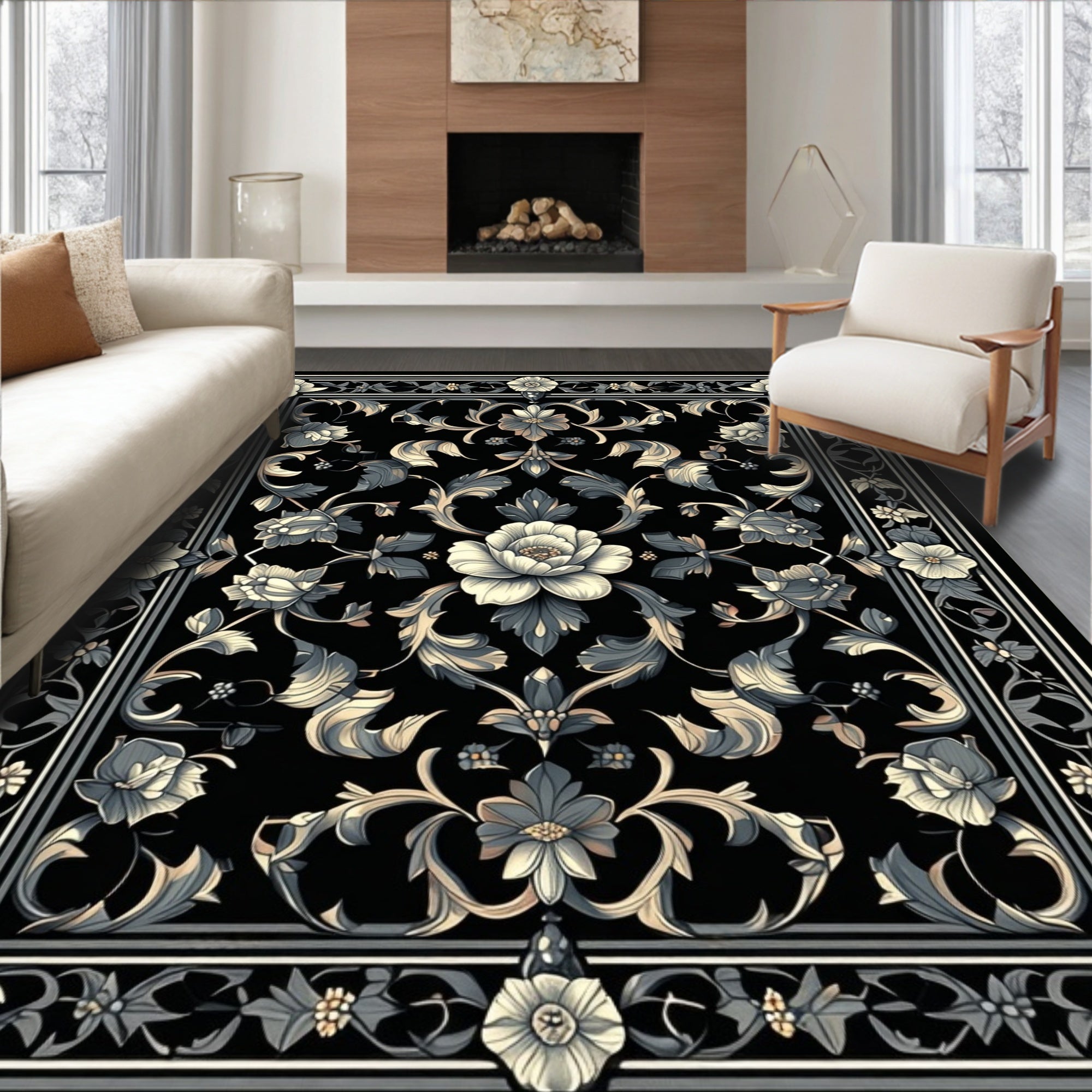 Ornate Black Floral Scroll Garden Rug