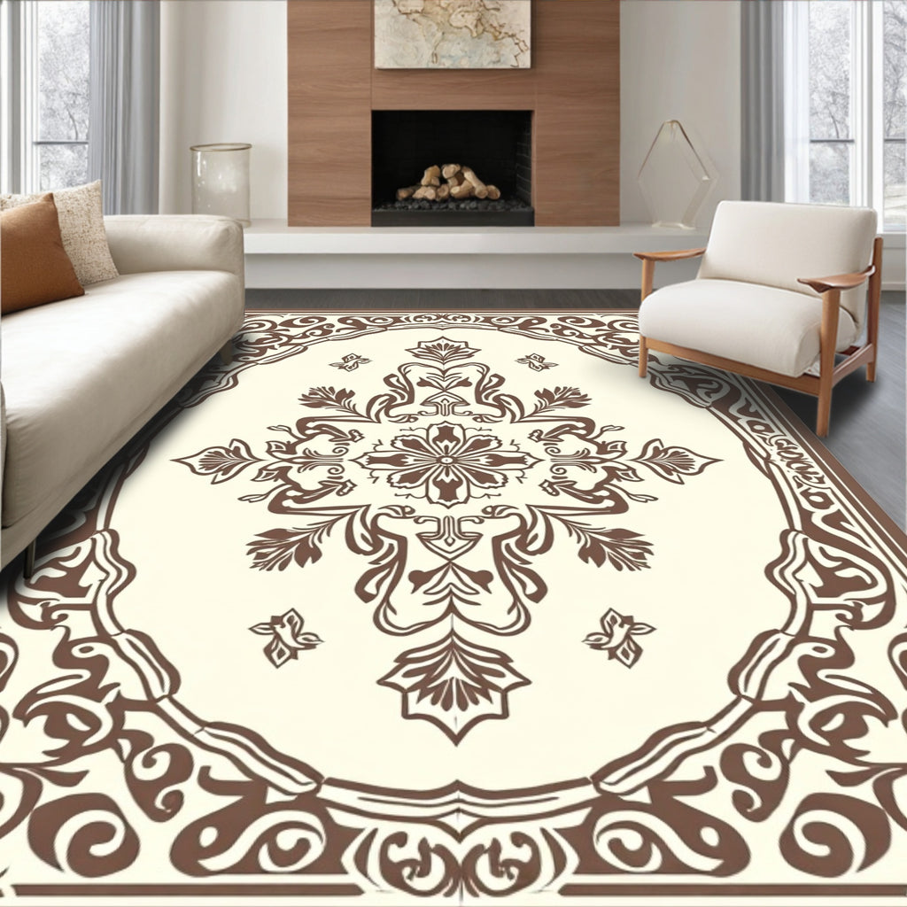Ornate Floral Scrollwork Brown Cream Rug