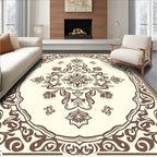 Ornate Floral Scrollwork Brown Cream Rug
