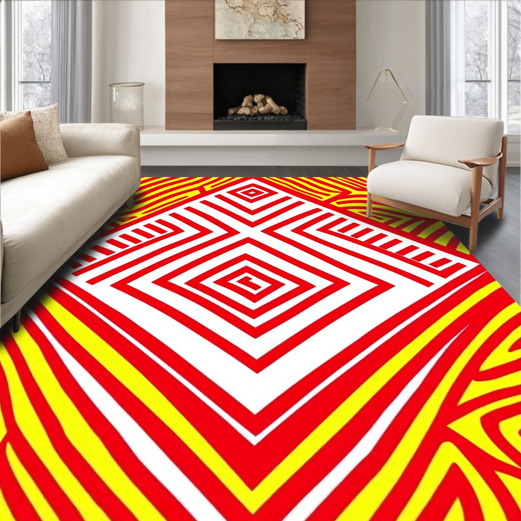Bold Red Yellow Geometric Waves Rug