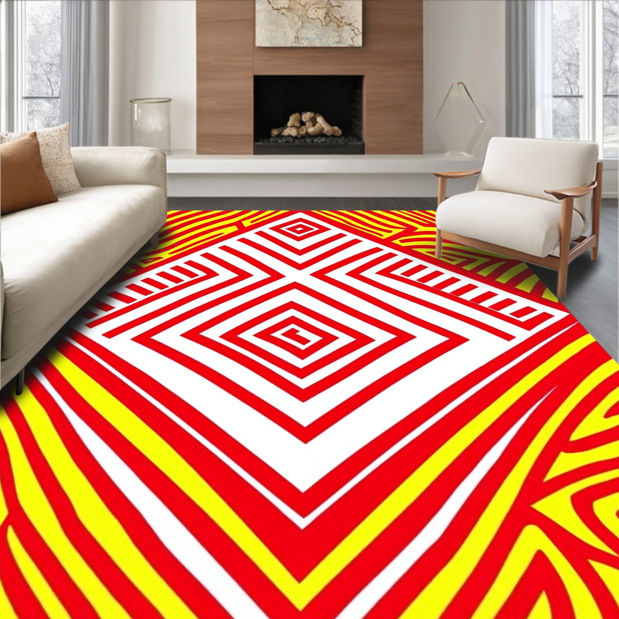 Bold Red Yellow Geometric Waves Rug