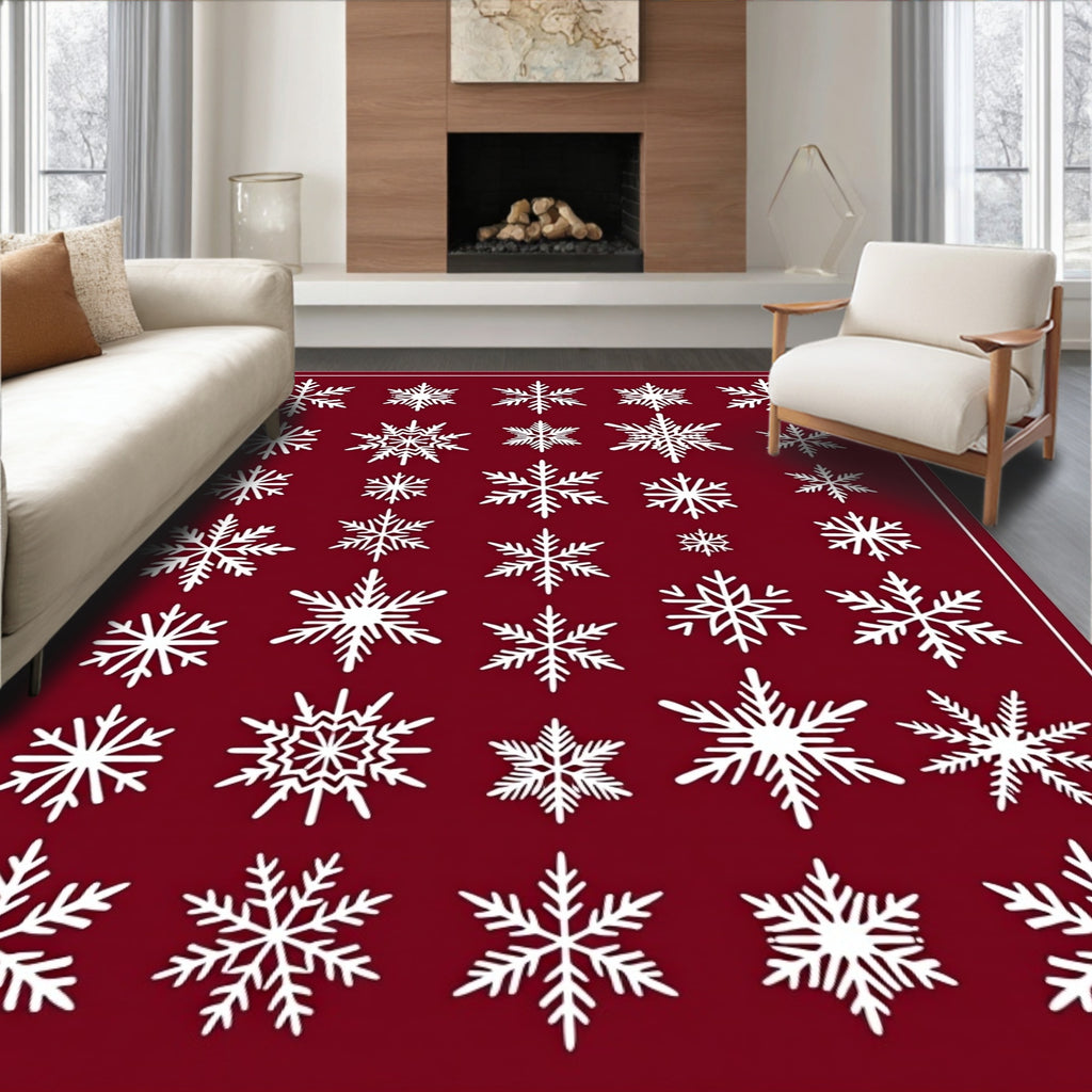 White Snowflake Collage on Burgundy Background Rug