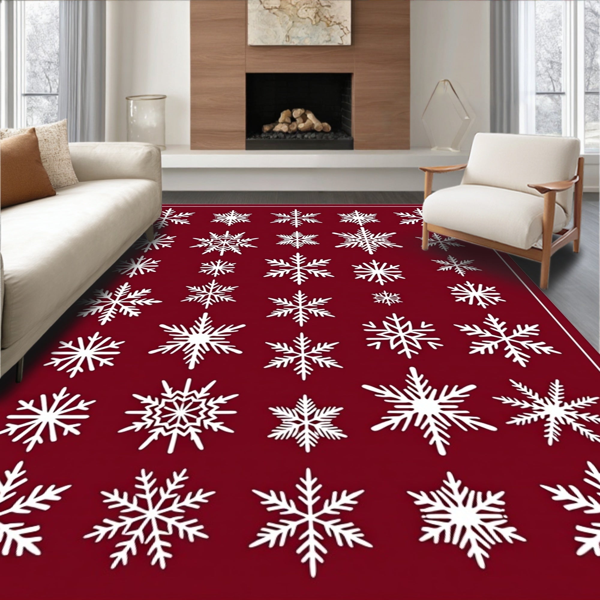 White Snowflake Collage on Burgundy Background Rug