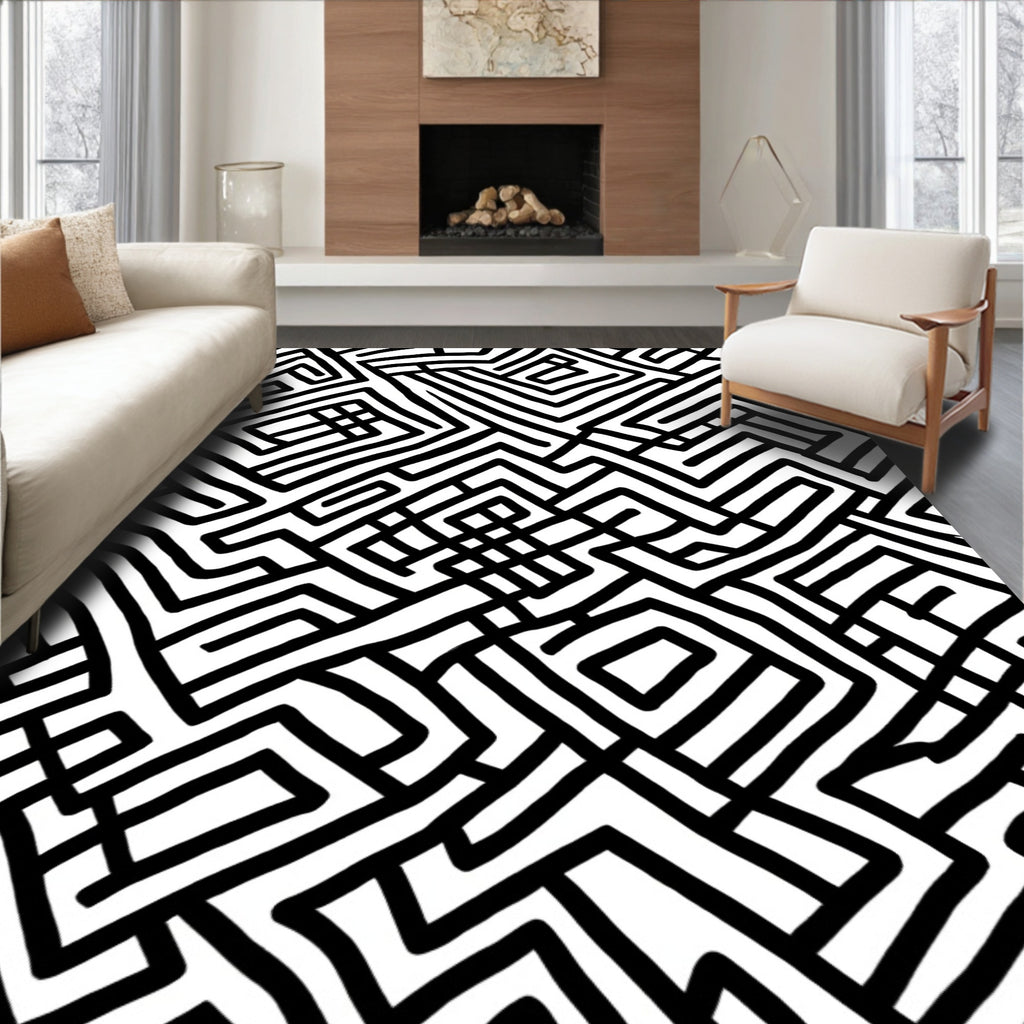 Bold Black White Abstract Maze Pattern Rug