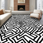 Bold Black White Abstract Maze Pattern Rug