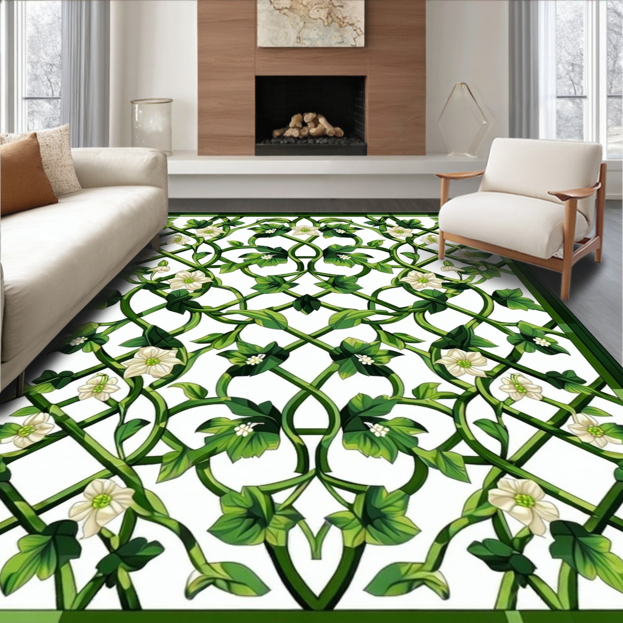 Green Vine White Flower Pattern Rug