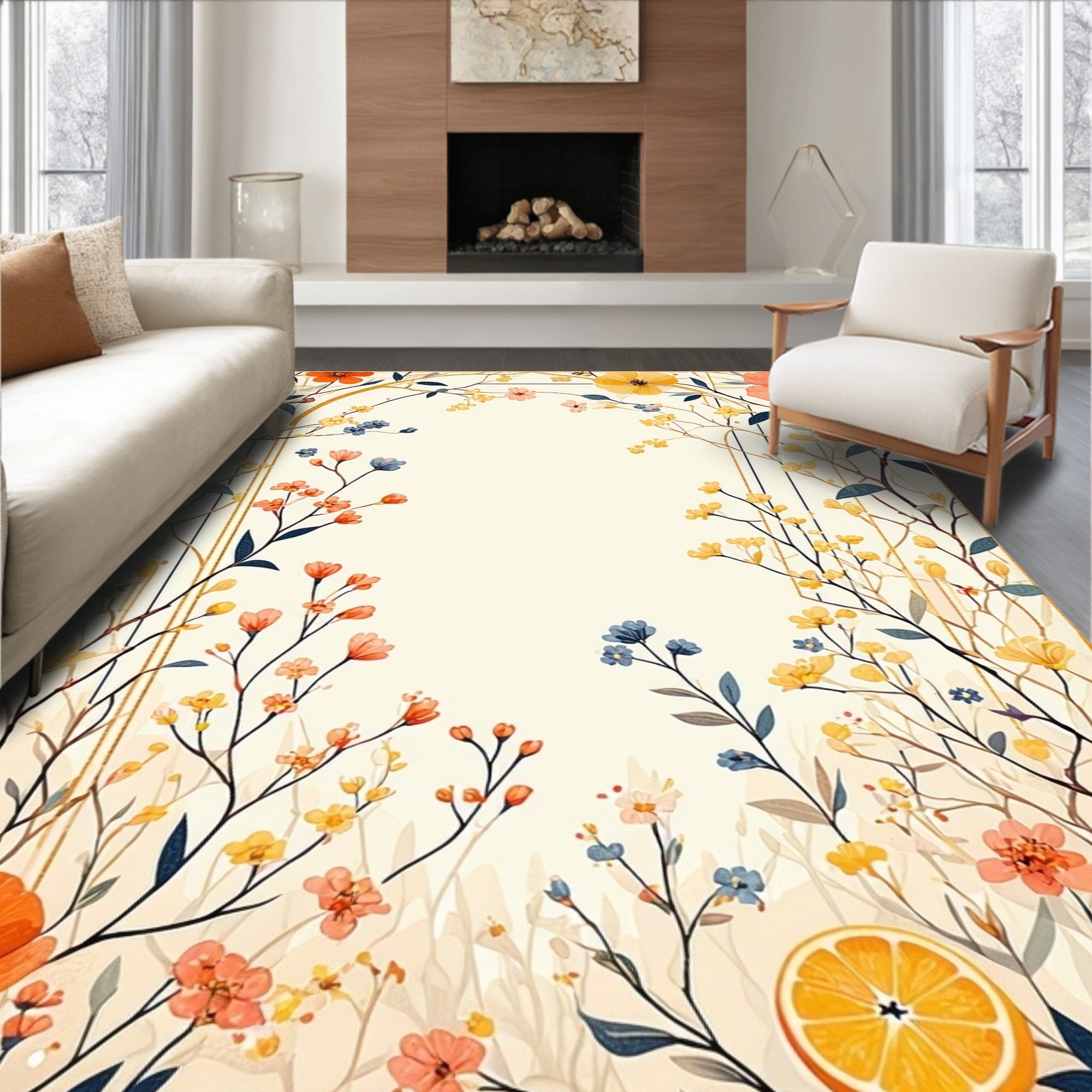 Whimsical Flower Border With Orange Slice Rug