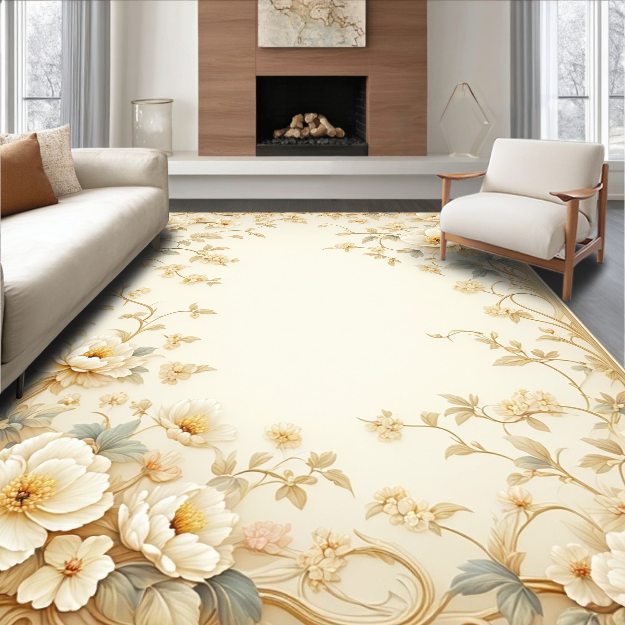 Elegant Floral Swirl Cream Pattern Rug