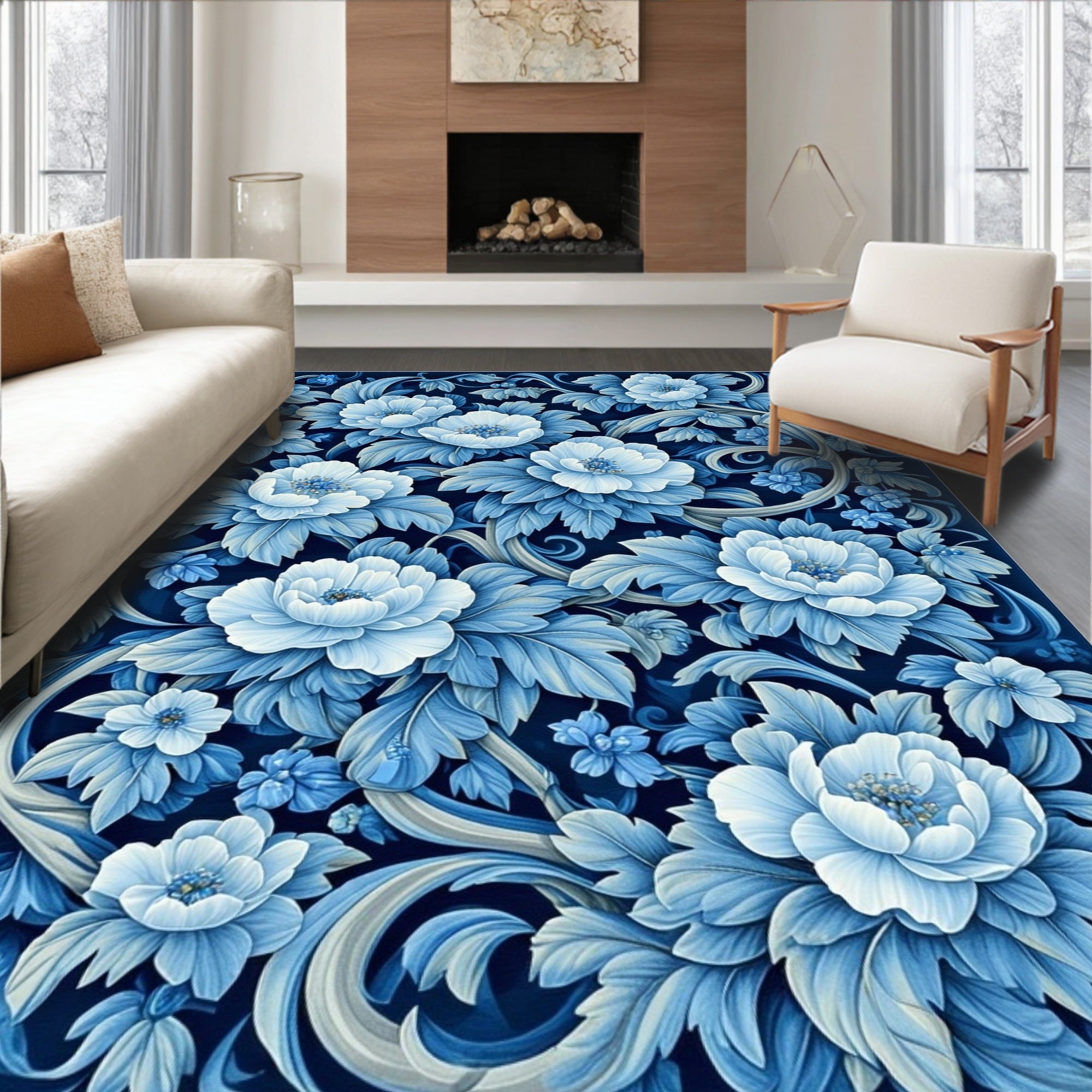 Rich Blue Floral Scrollwork Pattern Rug