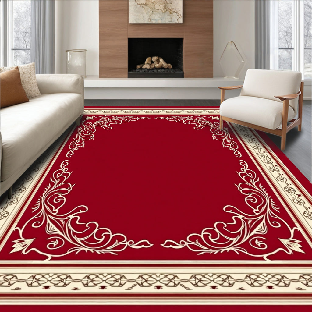 Vibrant Red Floral Vine Border Rug