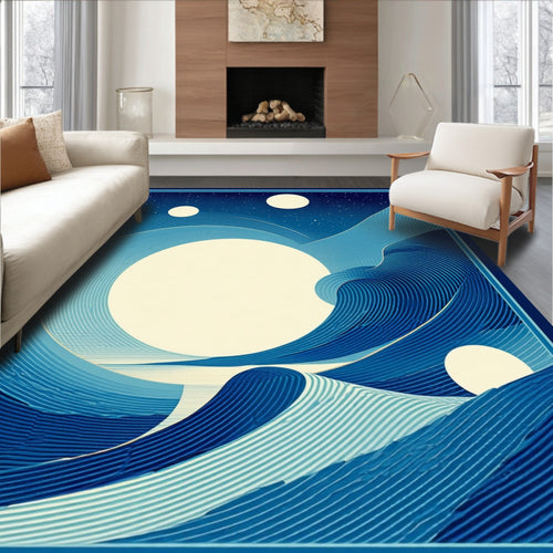 Abstract Blue Wave Moonscape Pattern Rug