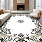 Ornate Black and Cream Scrollwork Border Rug