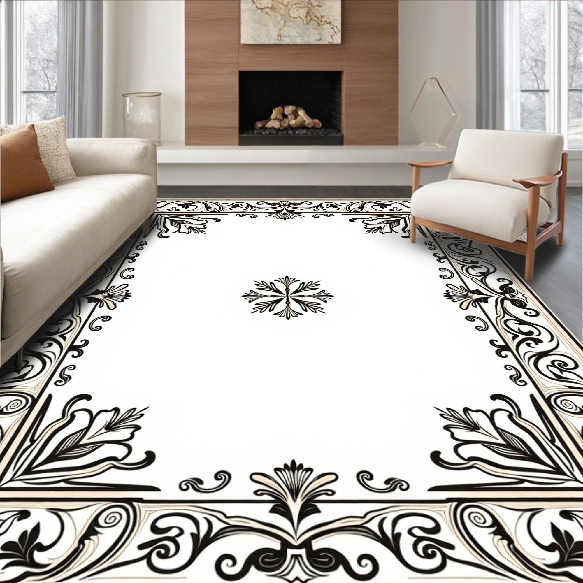 Ornate Black and Cream Scrollwork Border Rug