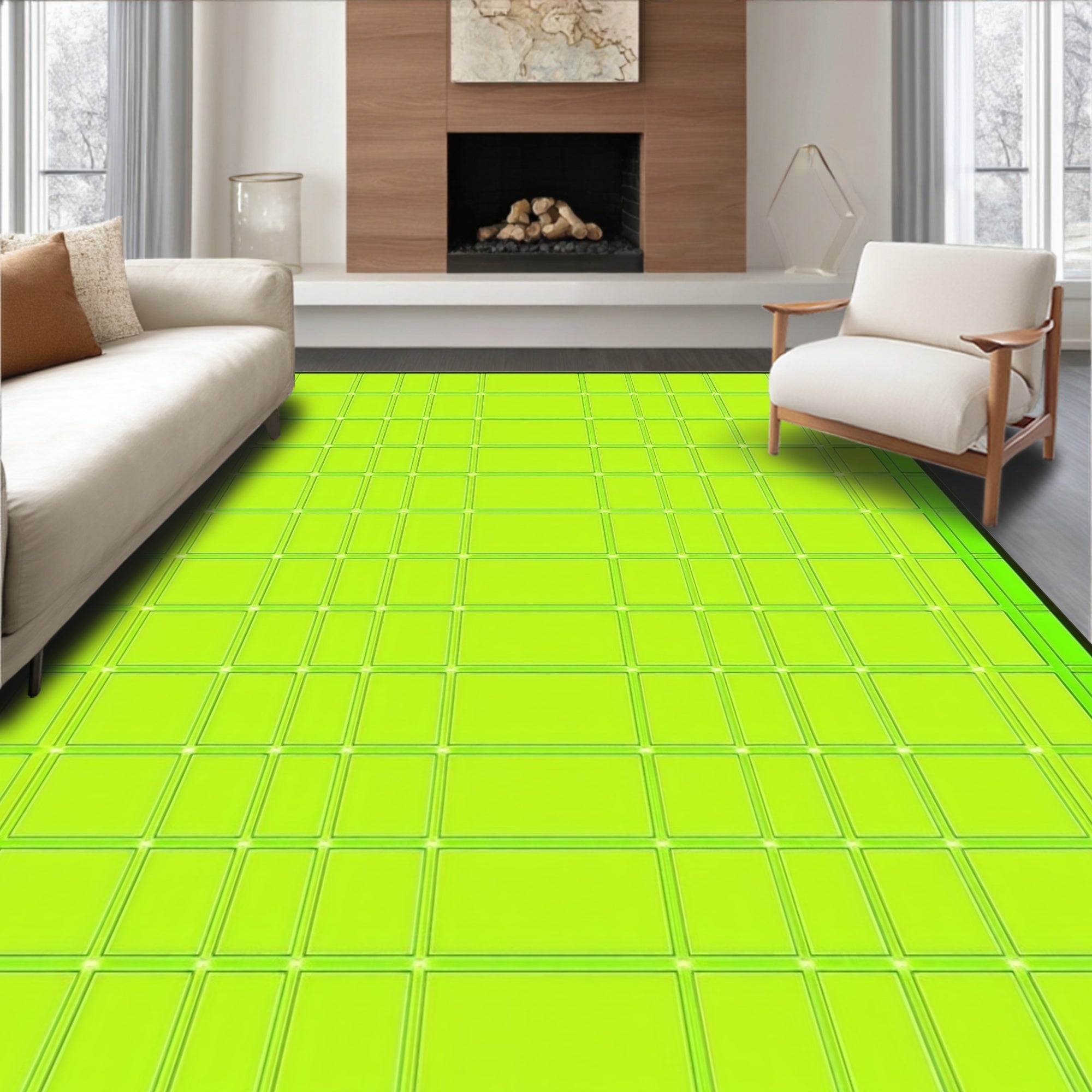 Luminous Lime Green Geometric Grid Rug