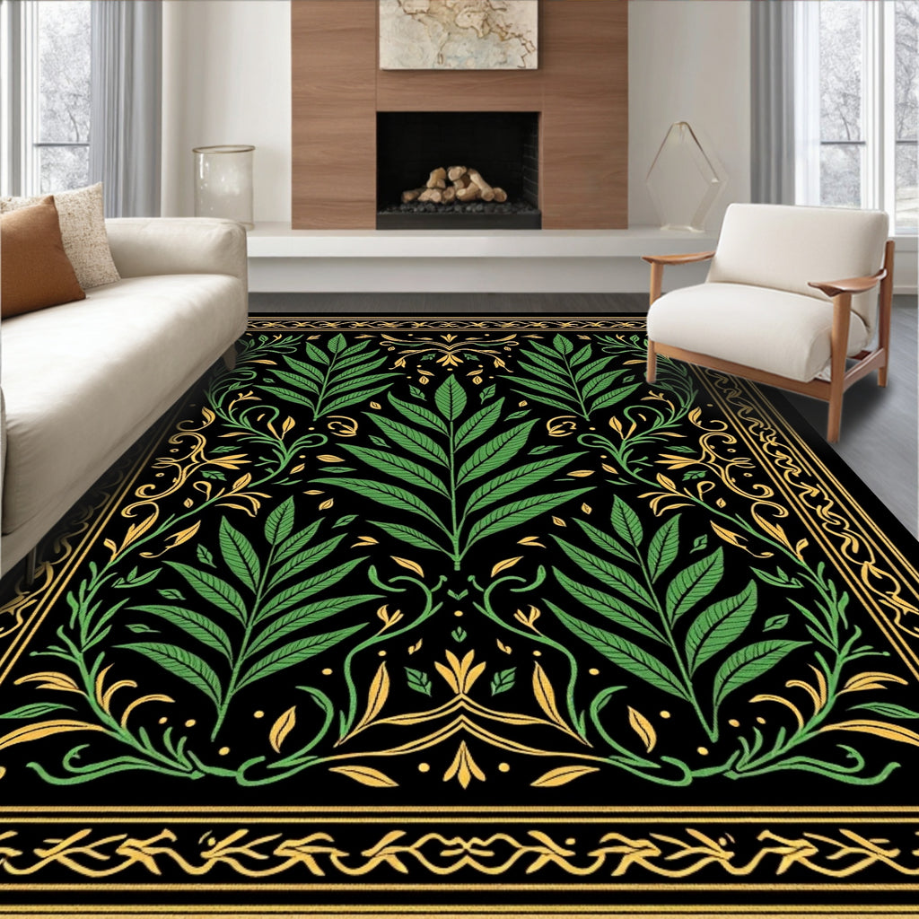 Vintage Green Golden Leaf Border Rug