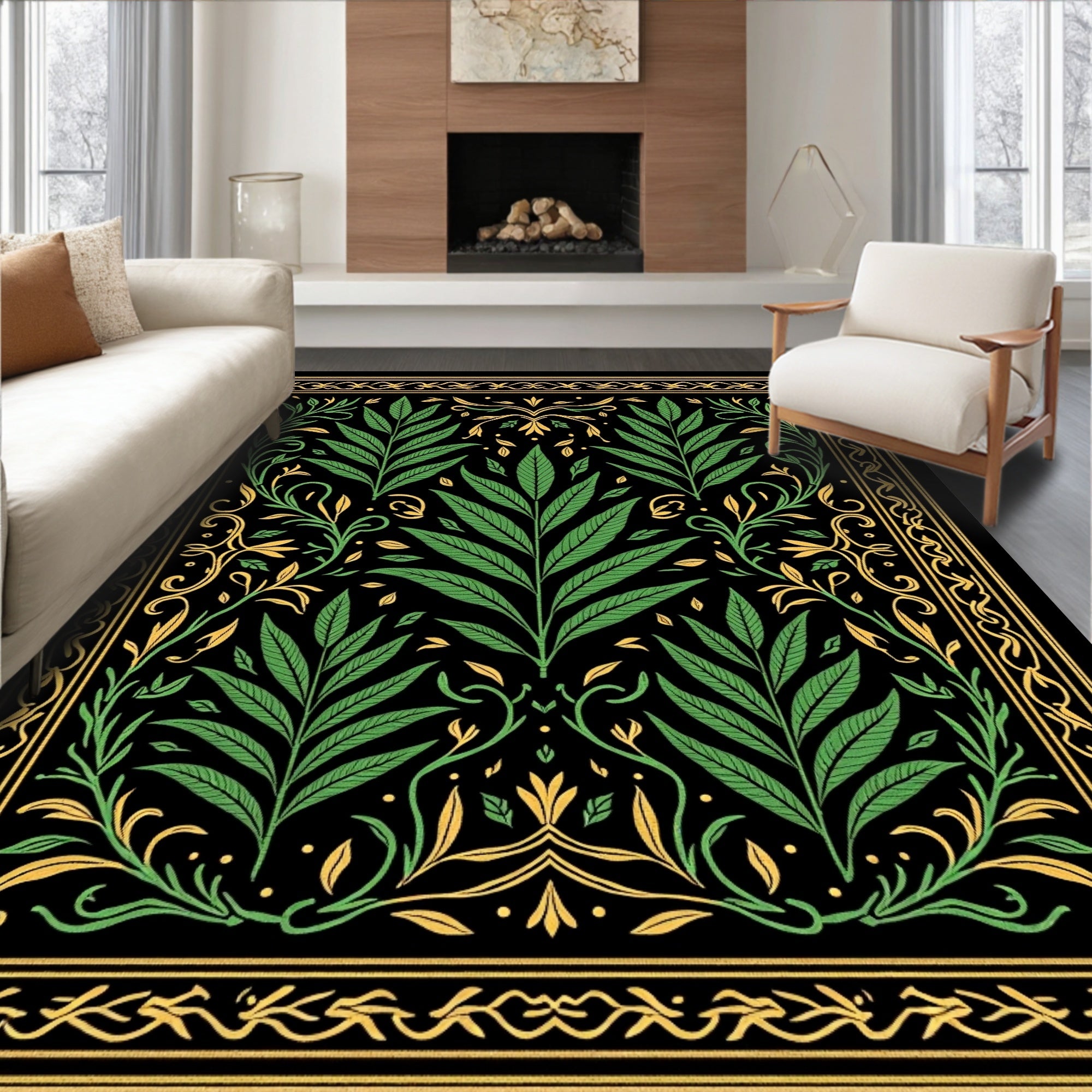 Vintage Green Golden Leaf Border Rug