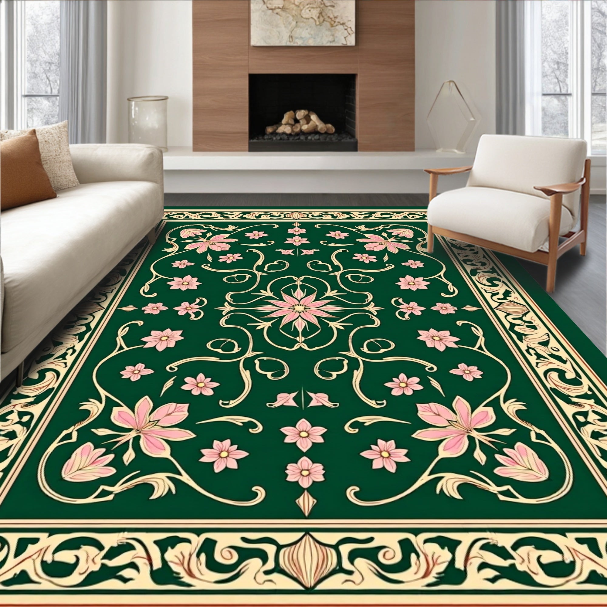 Elegant Pink Floral Botanical Design Rug