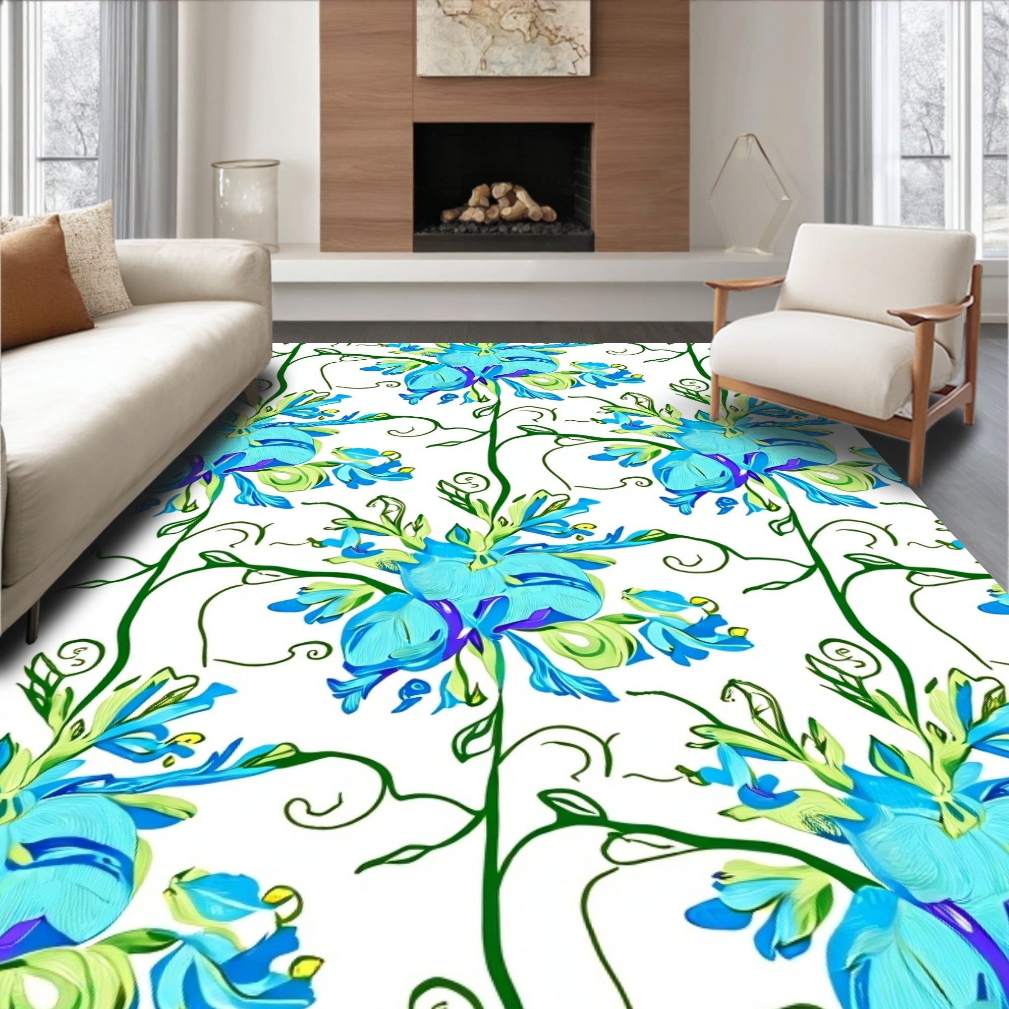 Floral Vines Blossoms Blue Print Rug