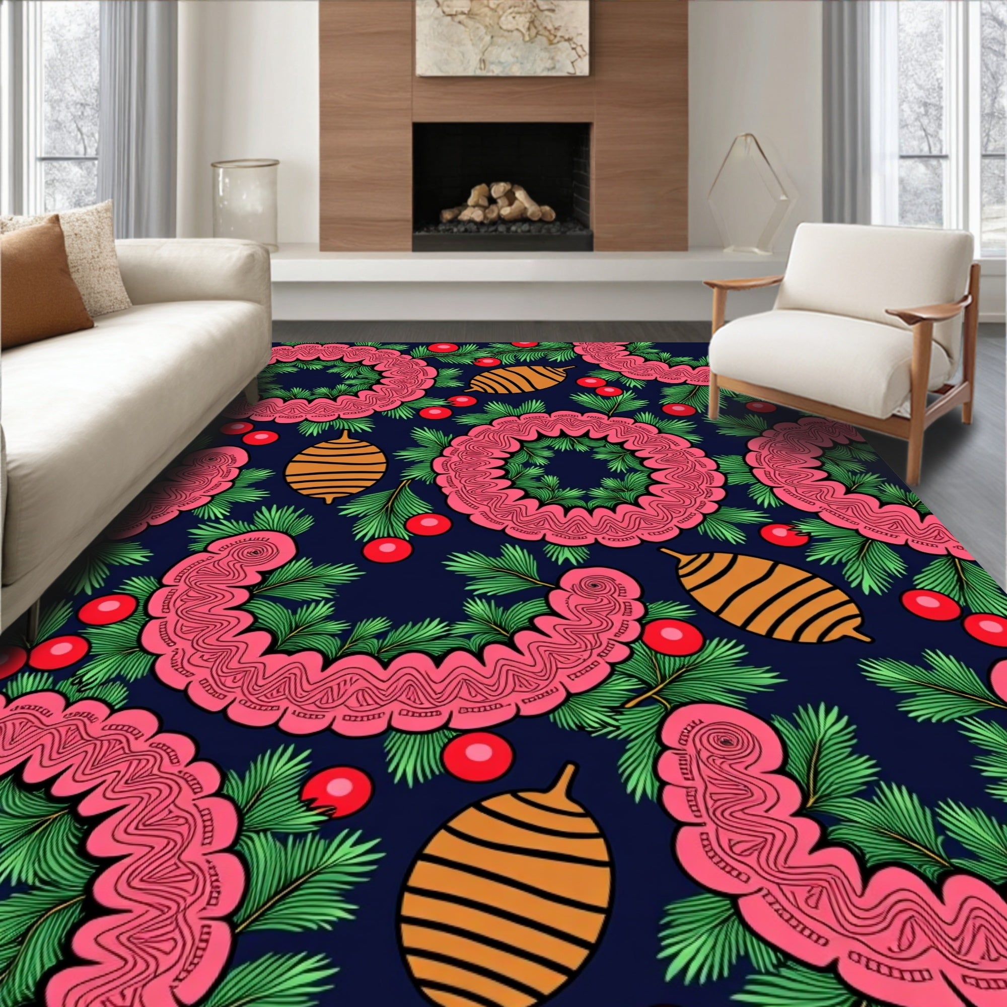 Crimson Red Holly Wreath Ornaments Rug