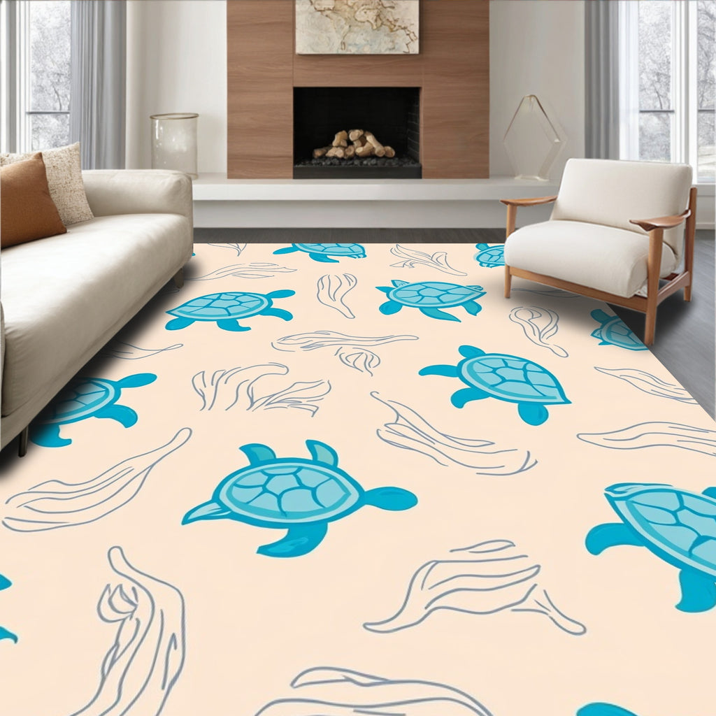 Playful Sea Turtle Seaweed Pattern Rug