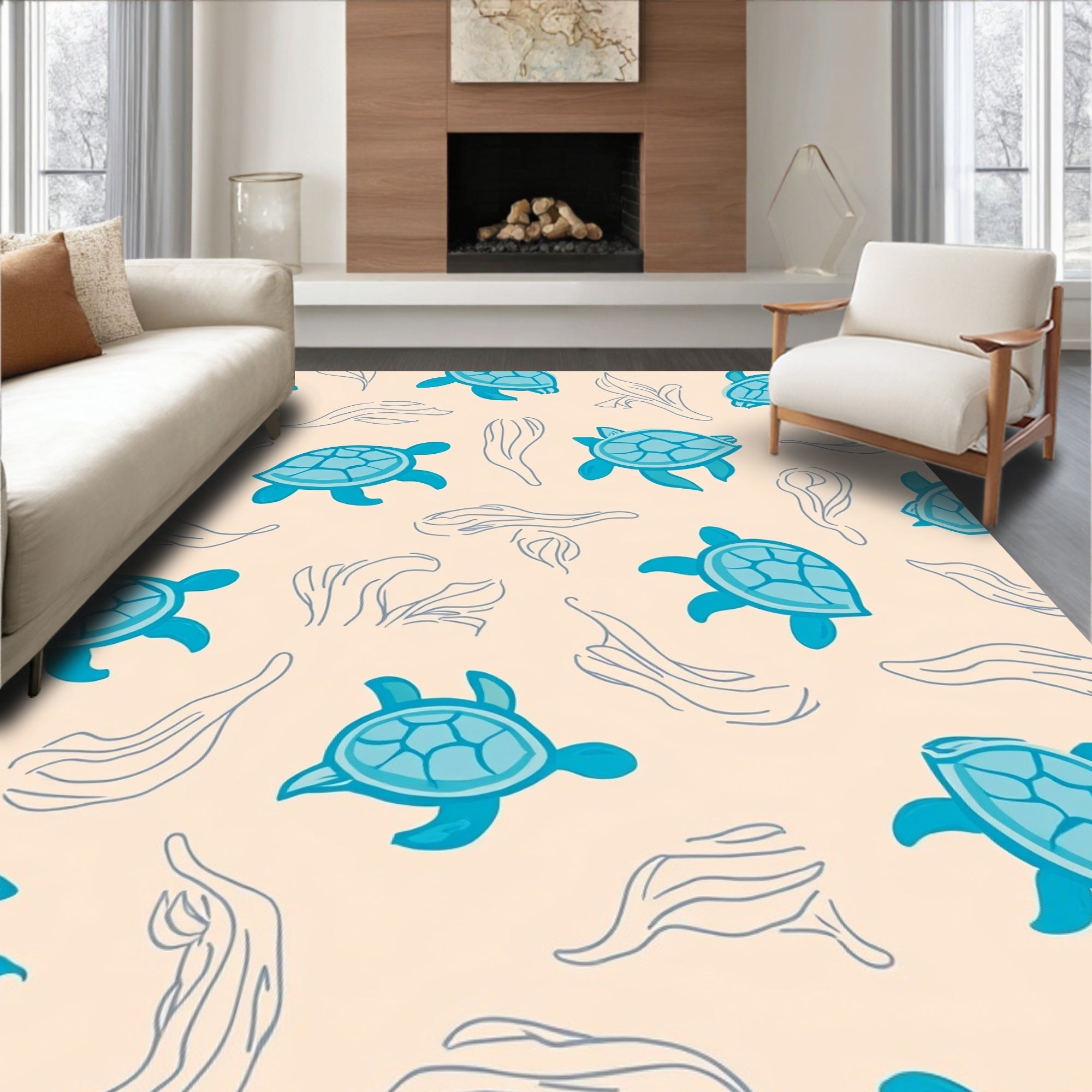 Playful Sea Turtle Seaweed Pattern Rug