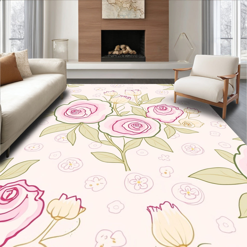 Pastel Pink Floral Sketch Pattern Rug