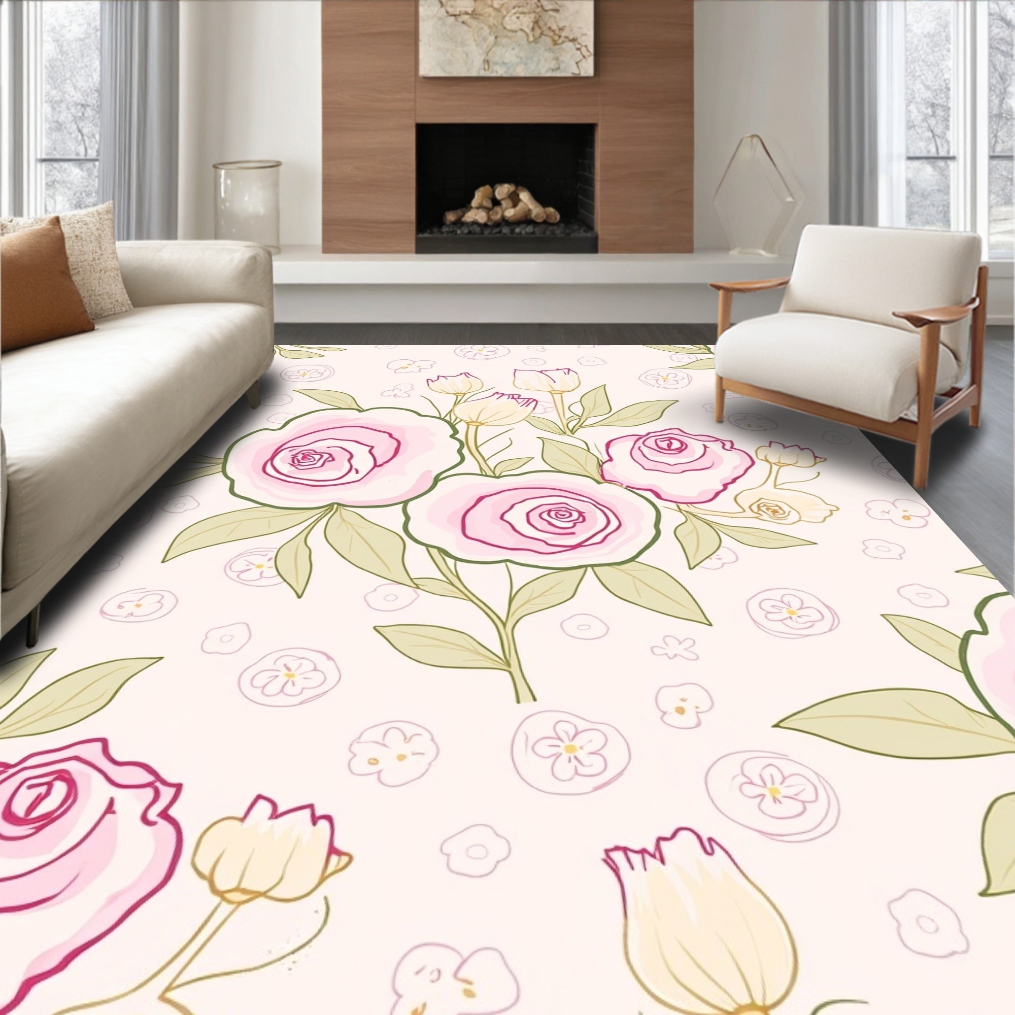 Pastel Pink Floral Sketch Pattern Rug