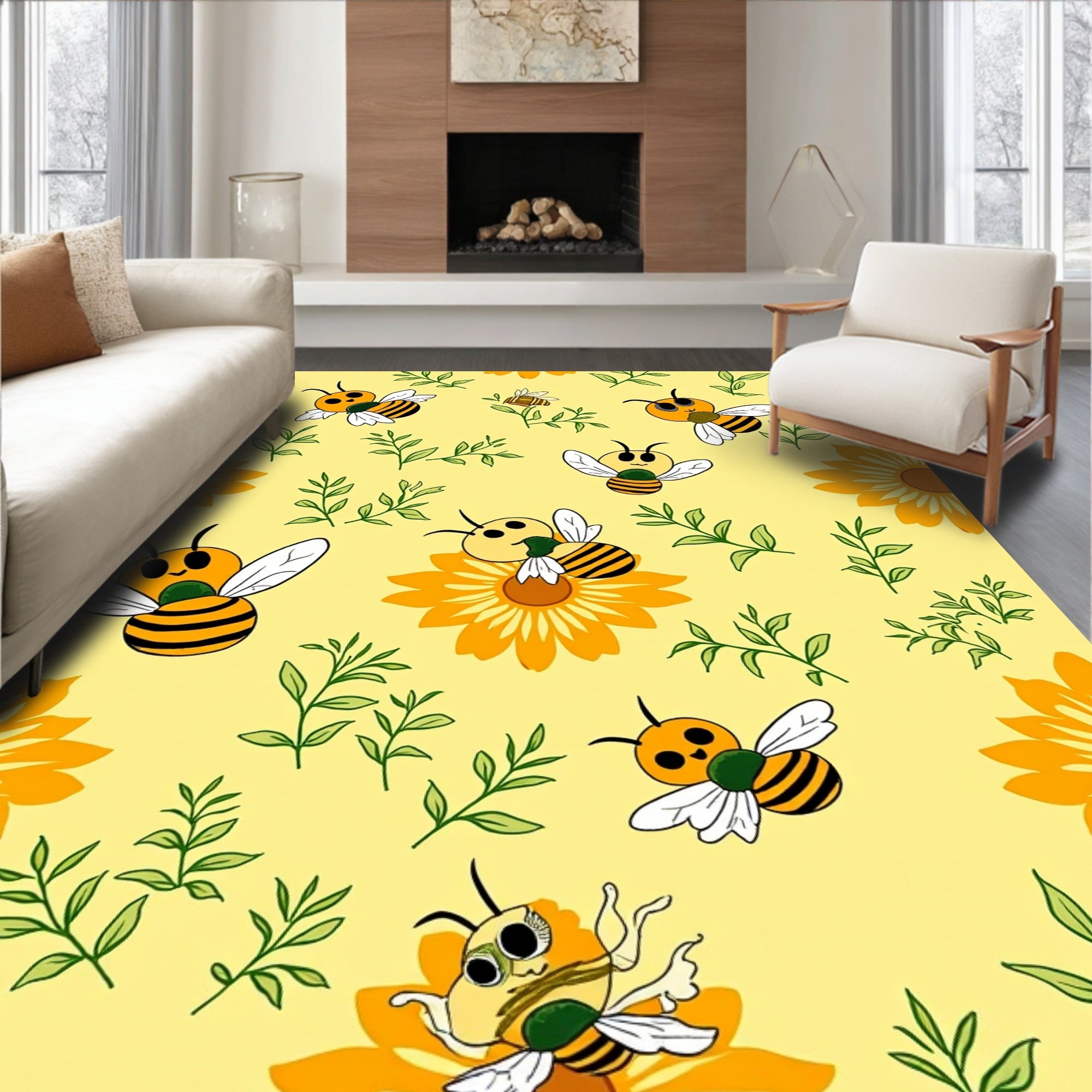 Whimsical Bees with Flower Pattern Rug