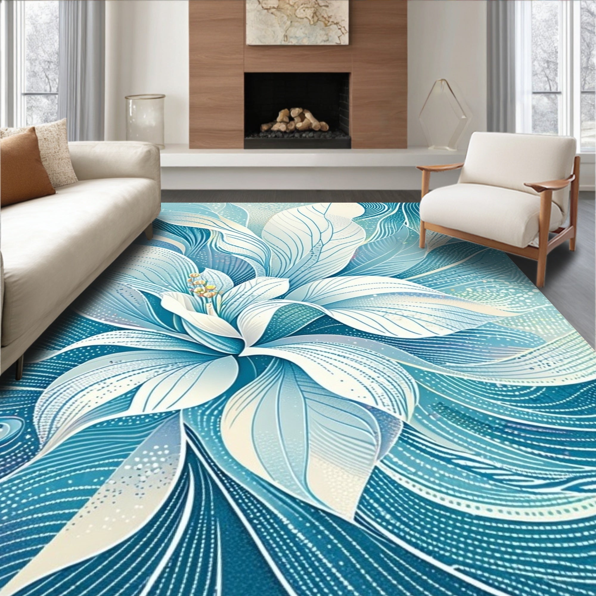 Abstract Blue White Floral Swirl Rug