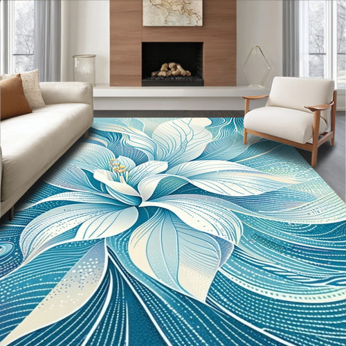 Abstract Blue White Floral Swirl Rug