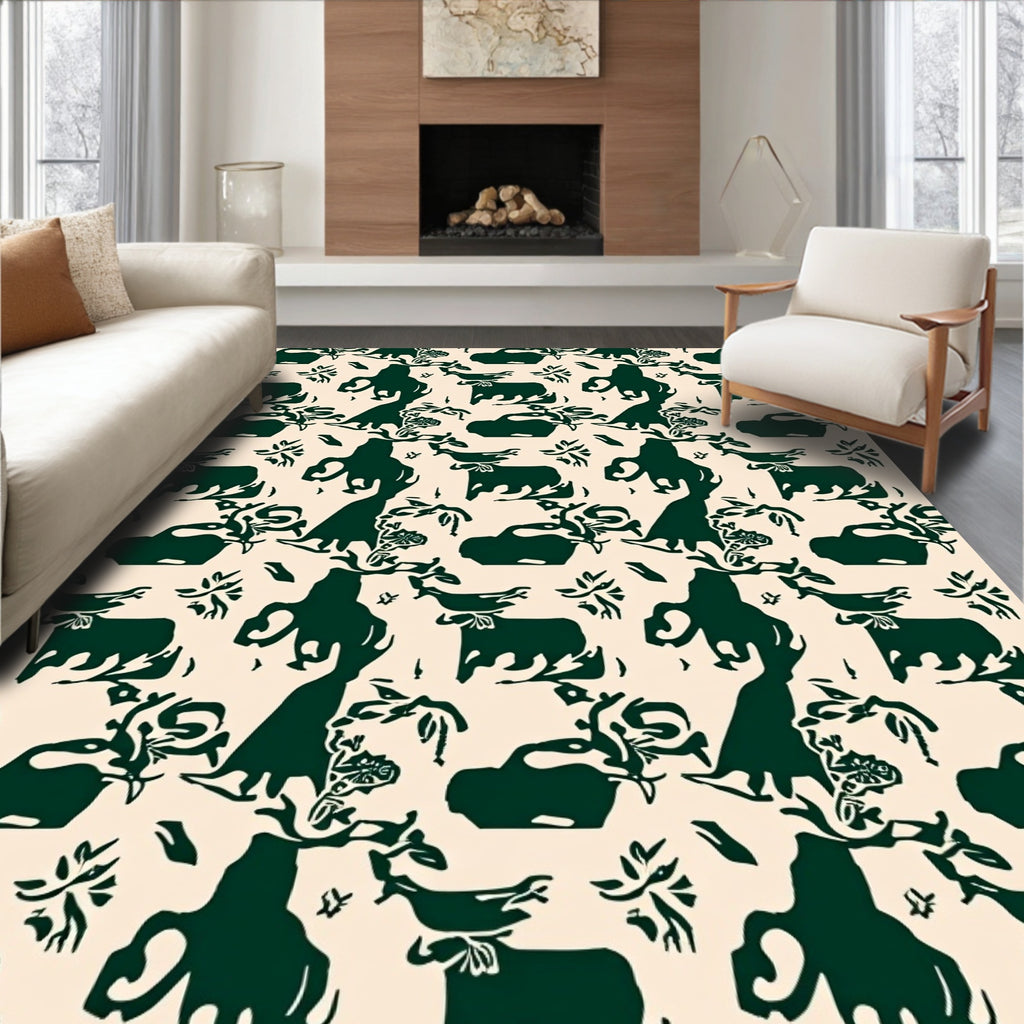 Deep Green Animal And Floral Pattern Rug
