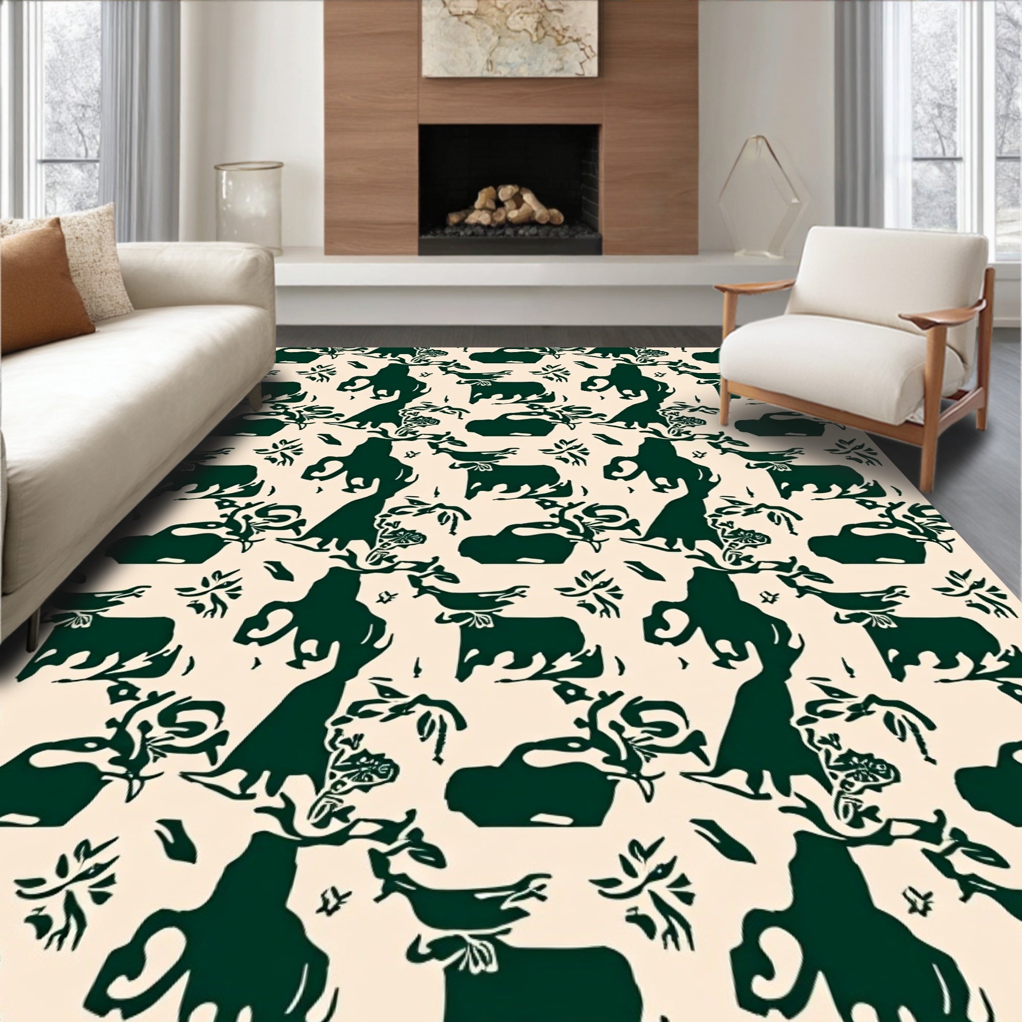 Deep Green Animal And Floral Pattern Rug