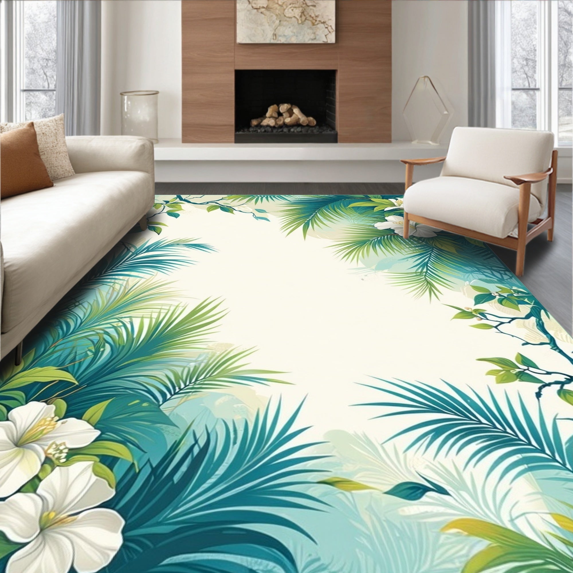 Lush Tropical Palm Leaf Floral Design Rug
