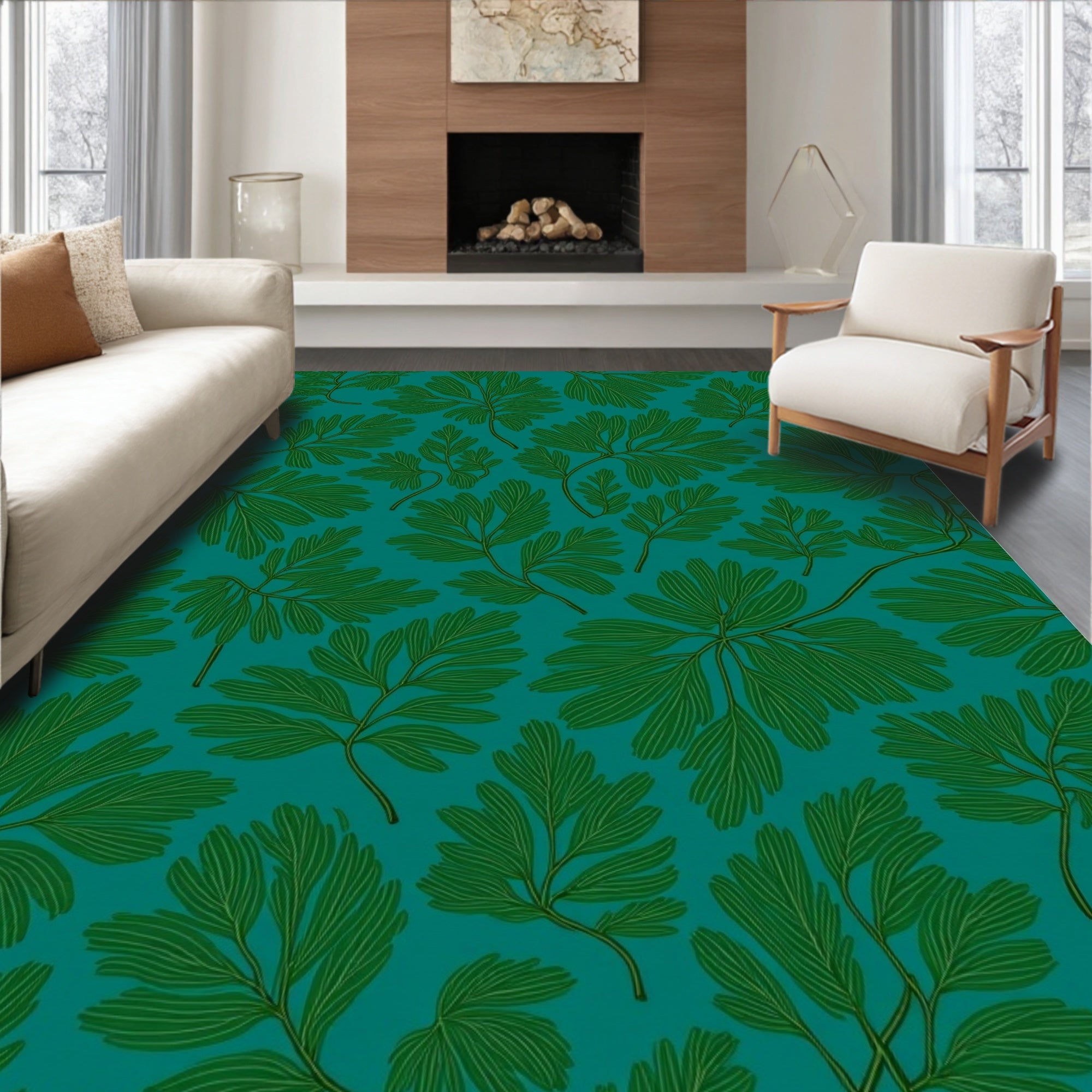 Deep Teal Fern Leaf Pattern Rug