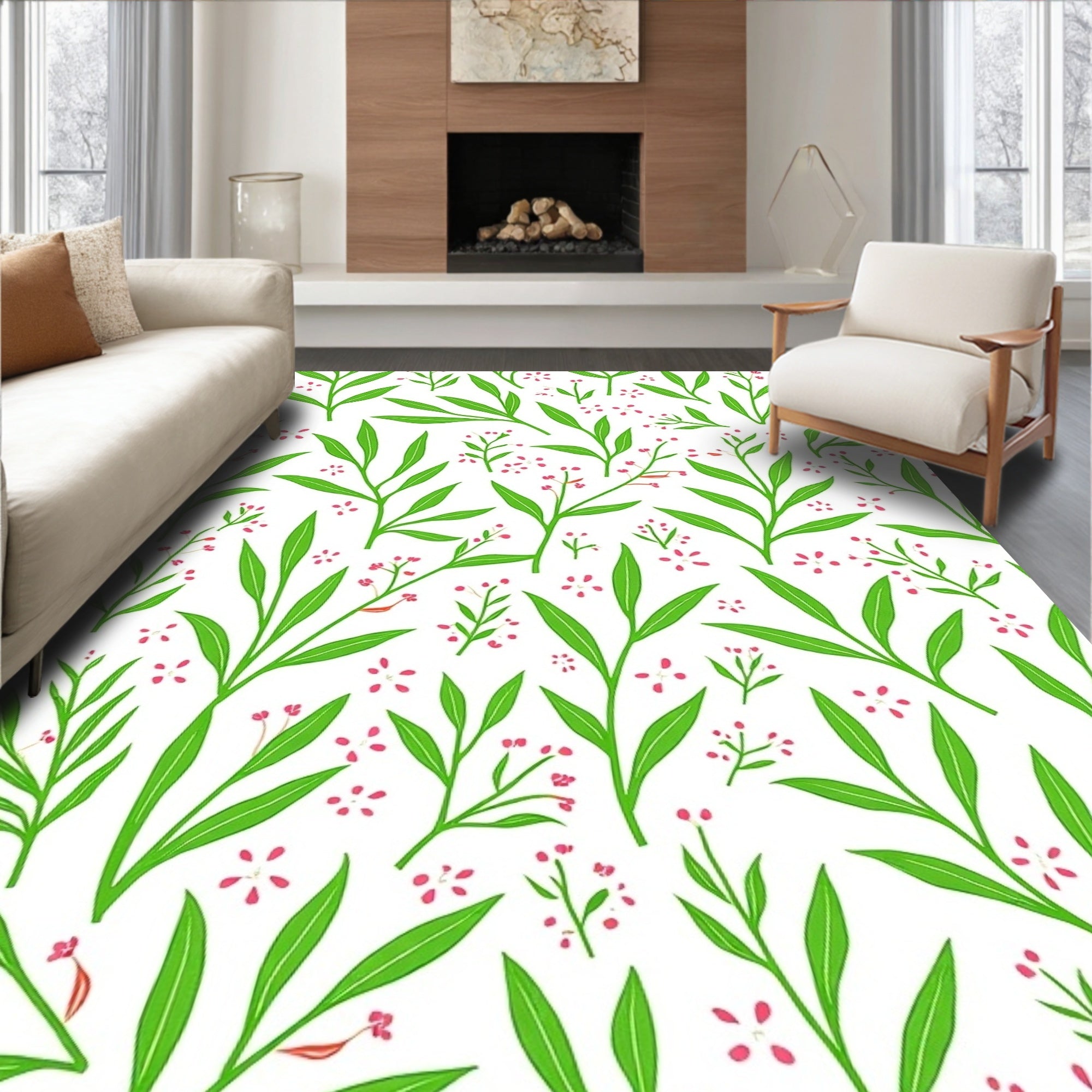 Green Leaf With Pink Flora Pattern Rug
