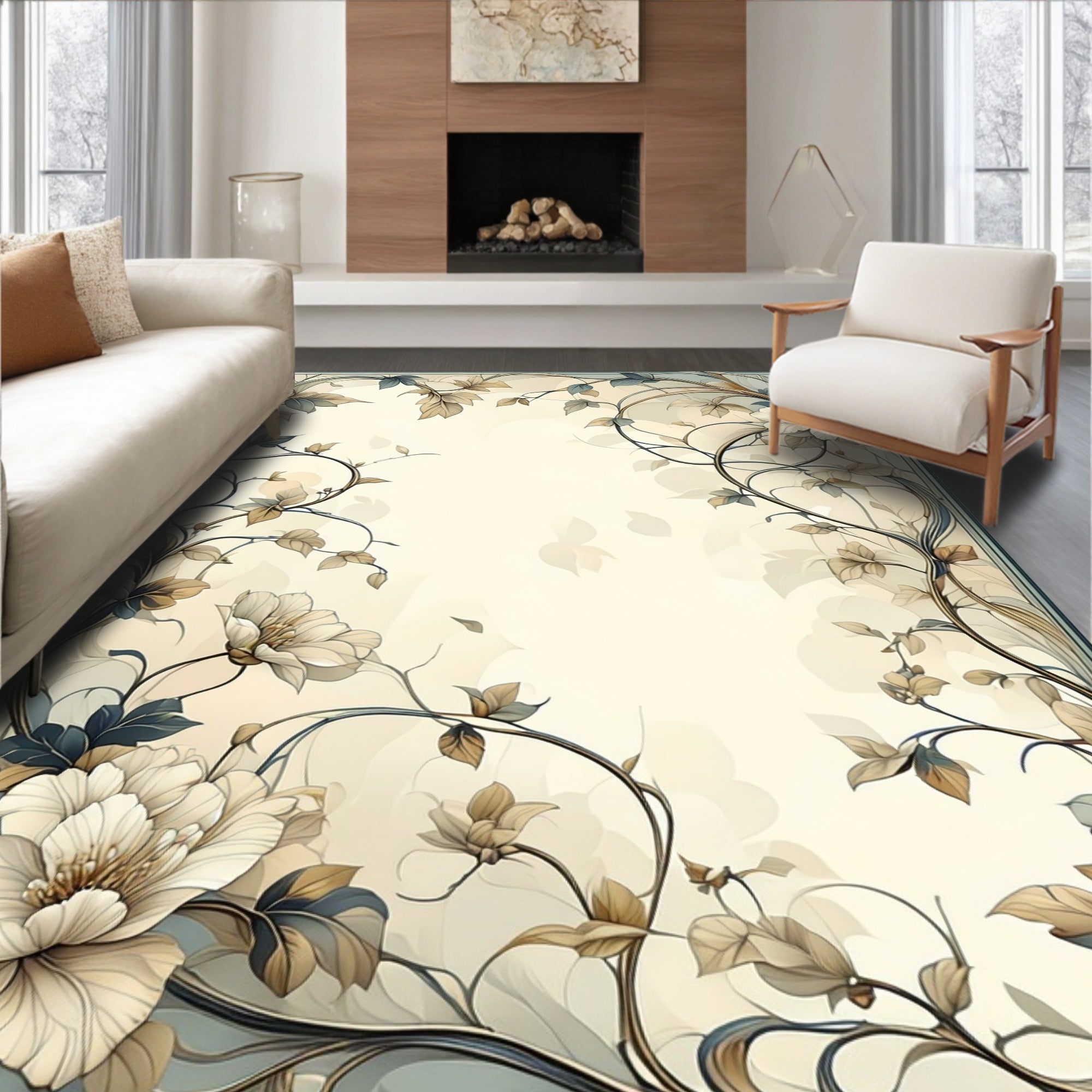 Elegant Floral Vine Scrollwork Design Rug