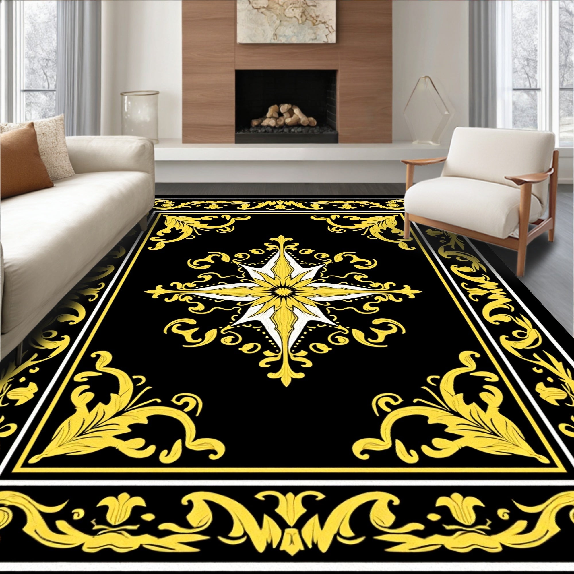 Ornate Black and Yellow Floral Scroll Rug