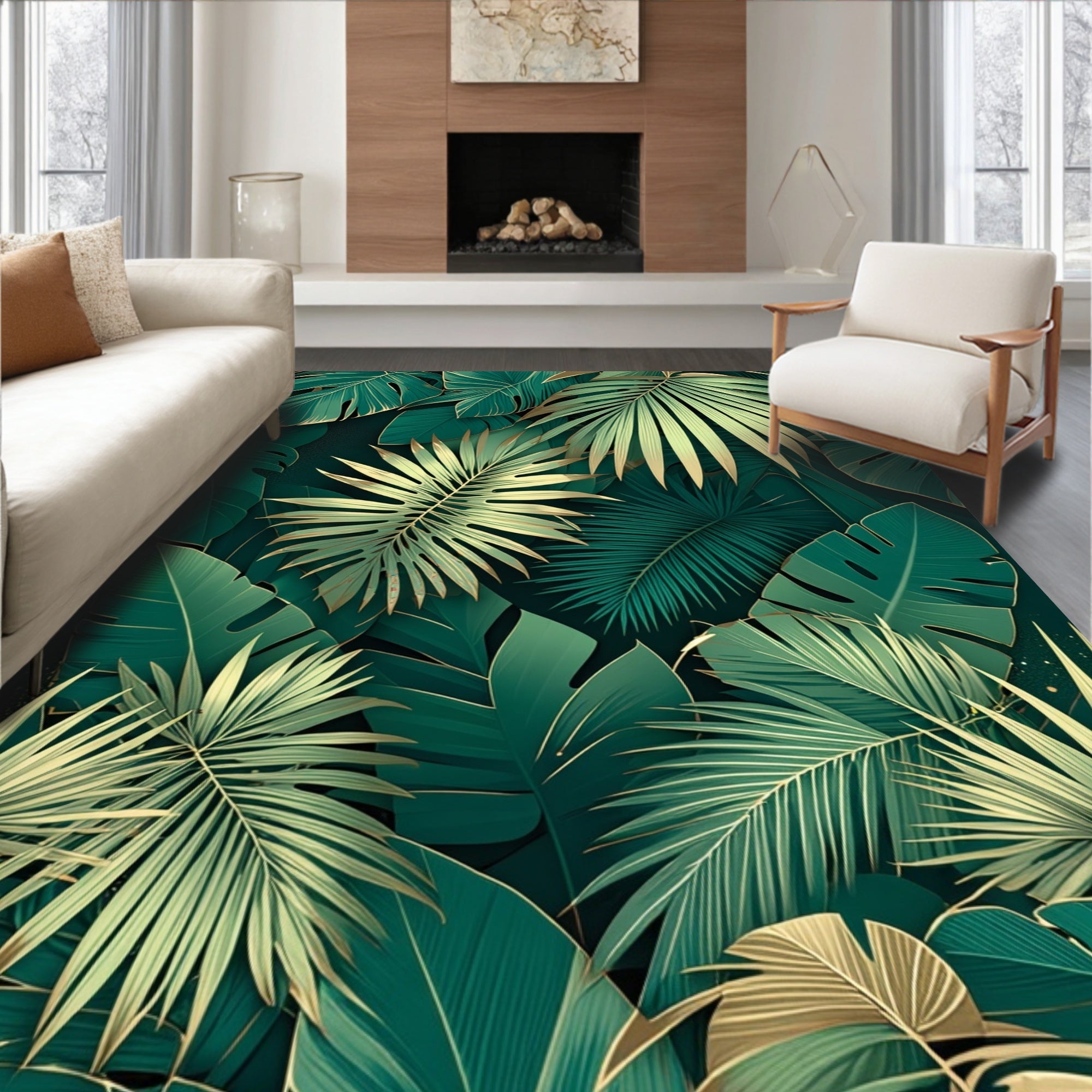 Deep Green Tropical Leaf Pattern Rug