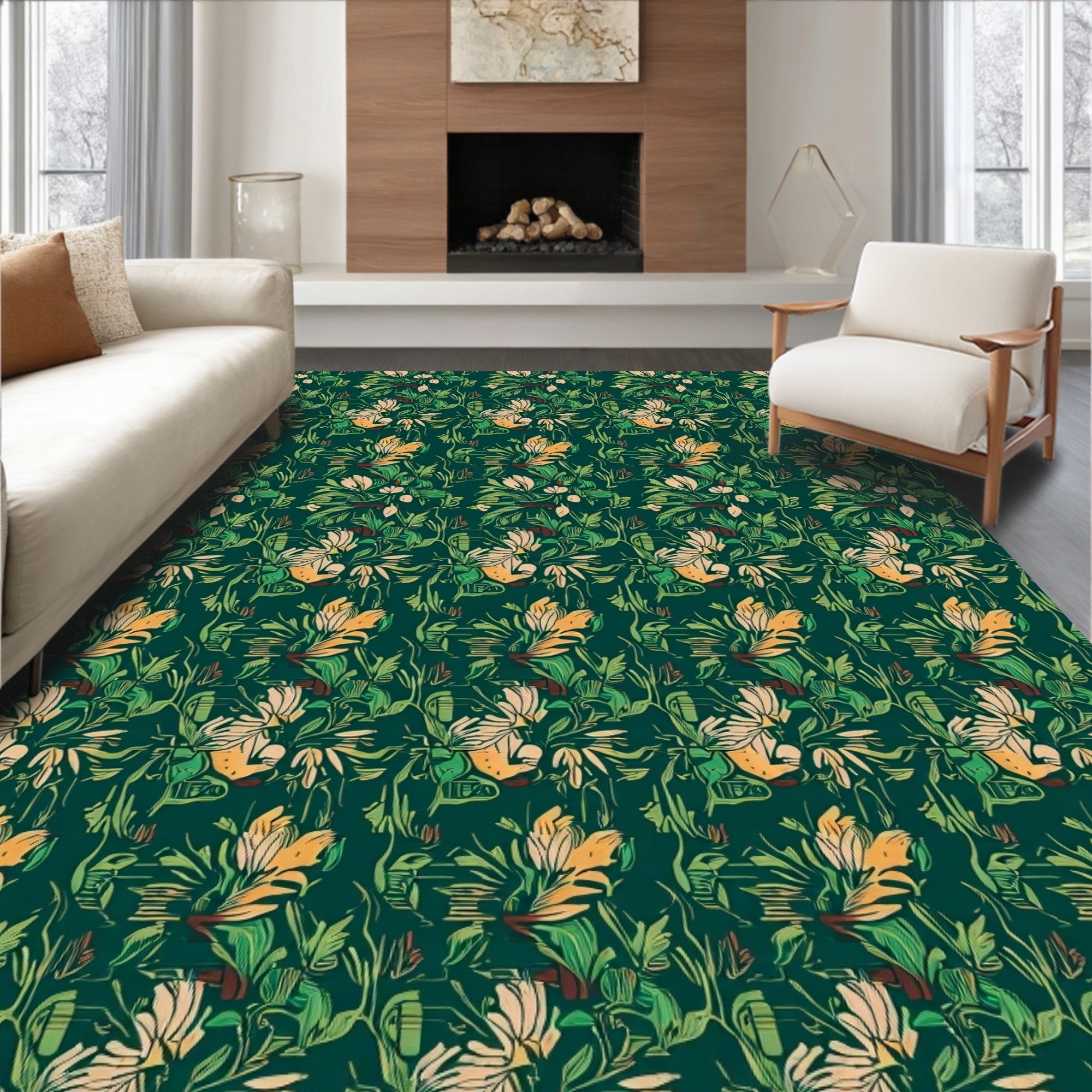 Lush Green Tropical Floral Pattern Rug