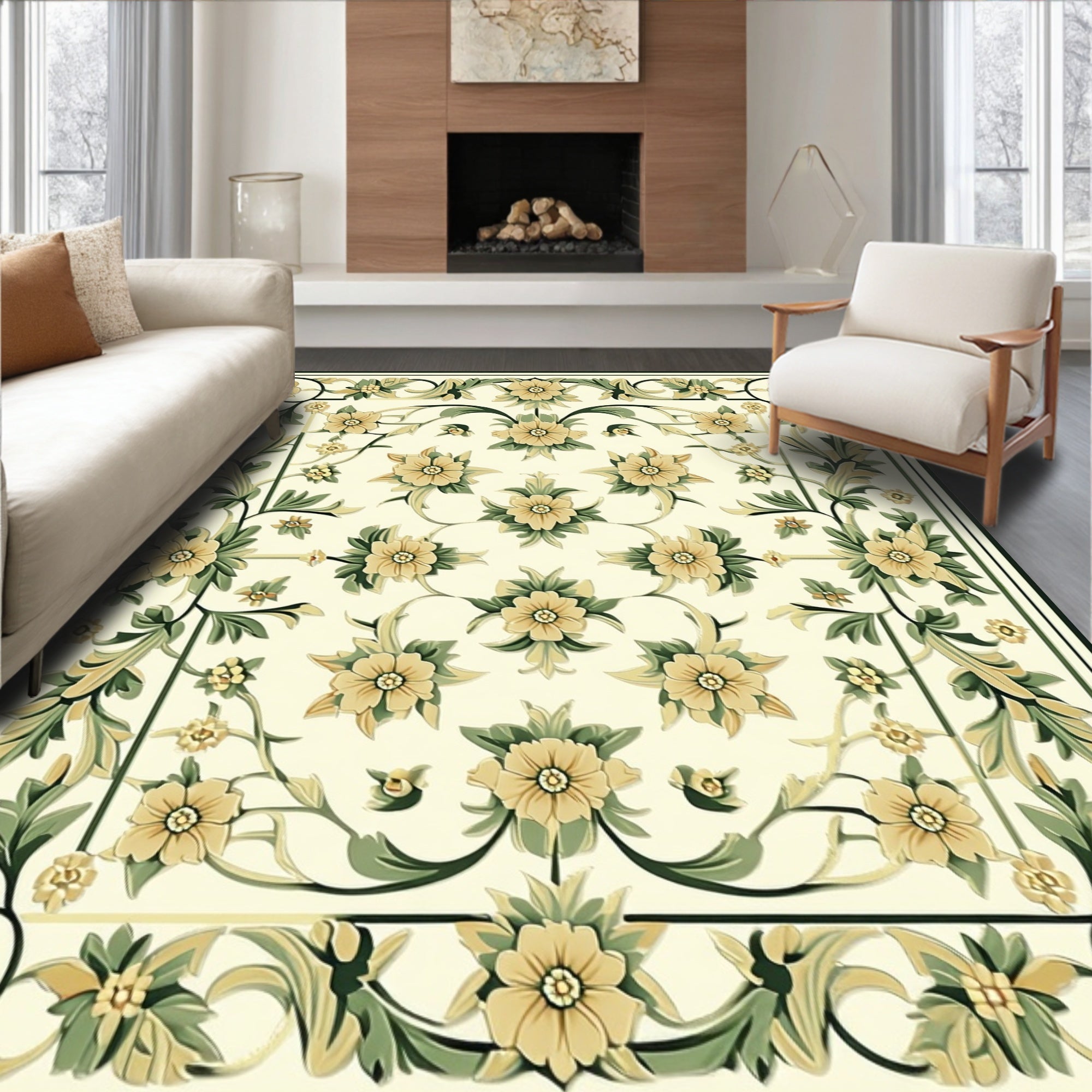 Elegant Floral Garden Scroll Pattern Rug