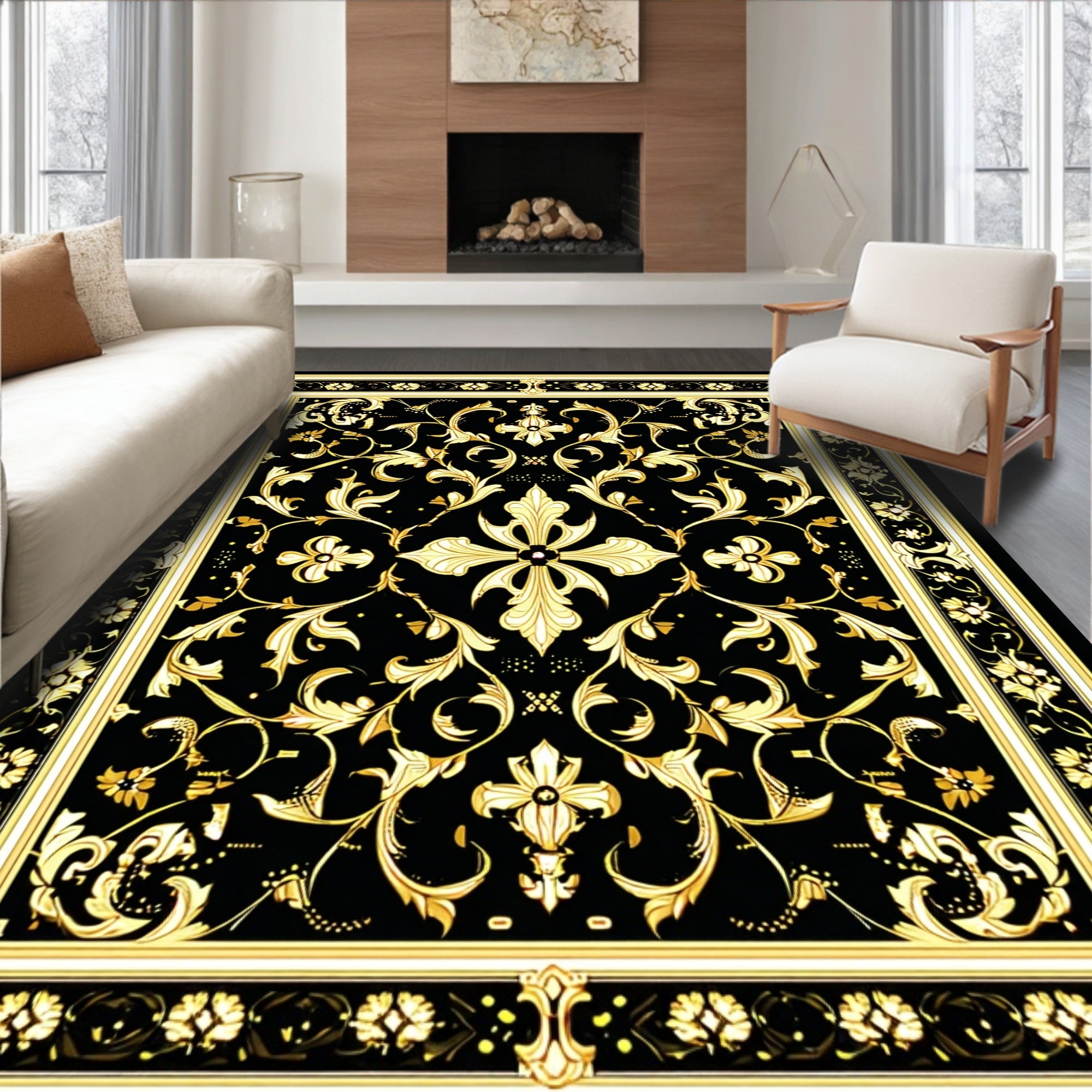 Regal Black Gold Floral Pattern Rug