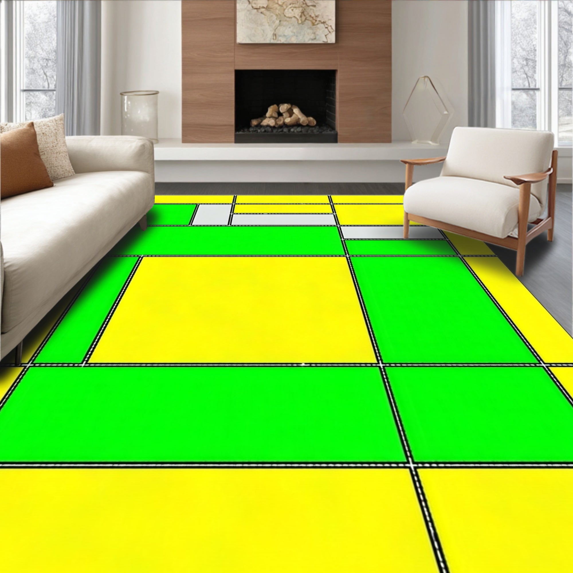 Bright Yellow Green Abstract Block Design Rug