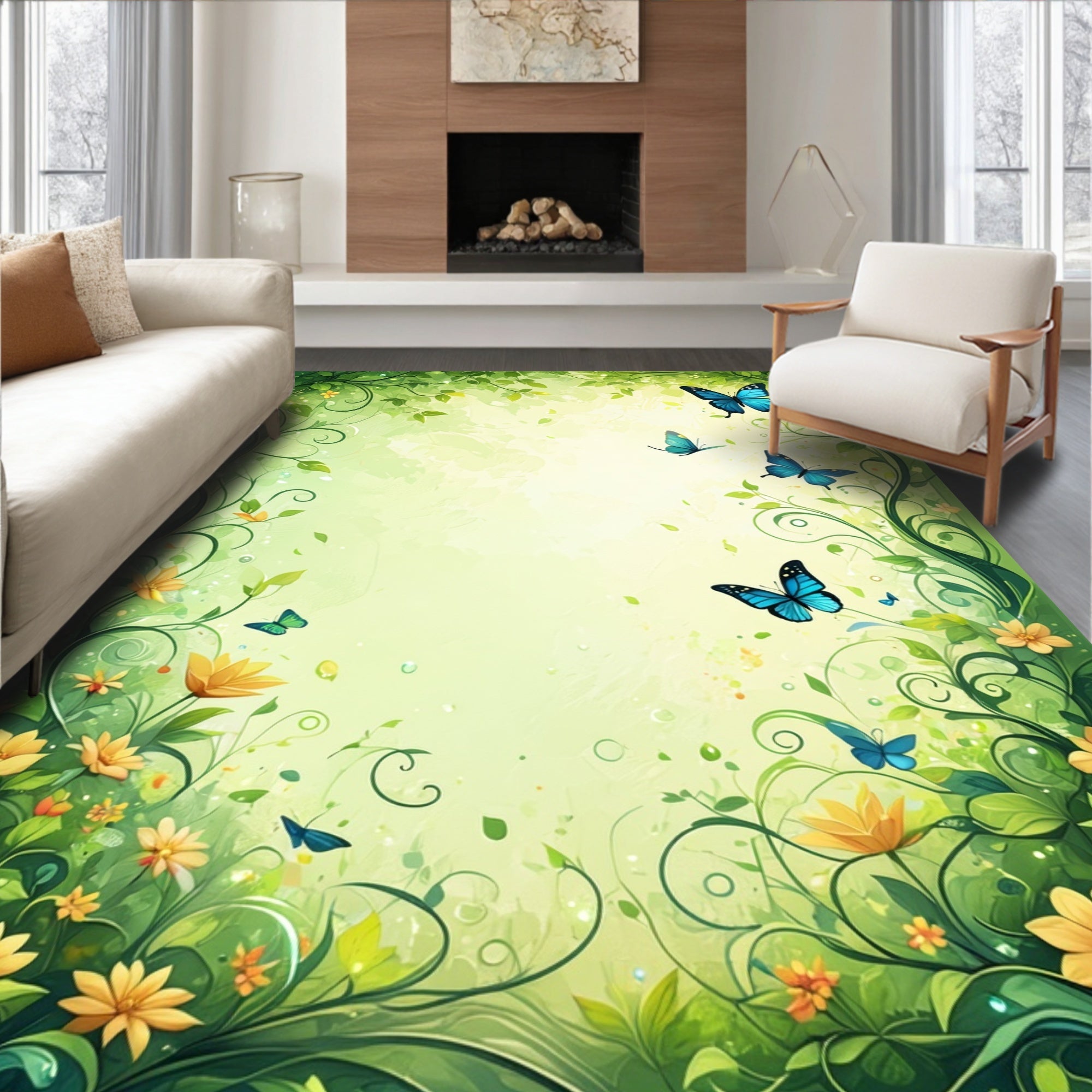 Whimsical Floral Butterfly Garden Rug
