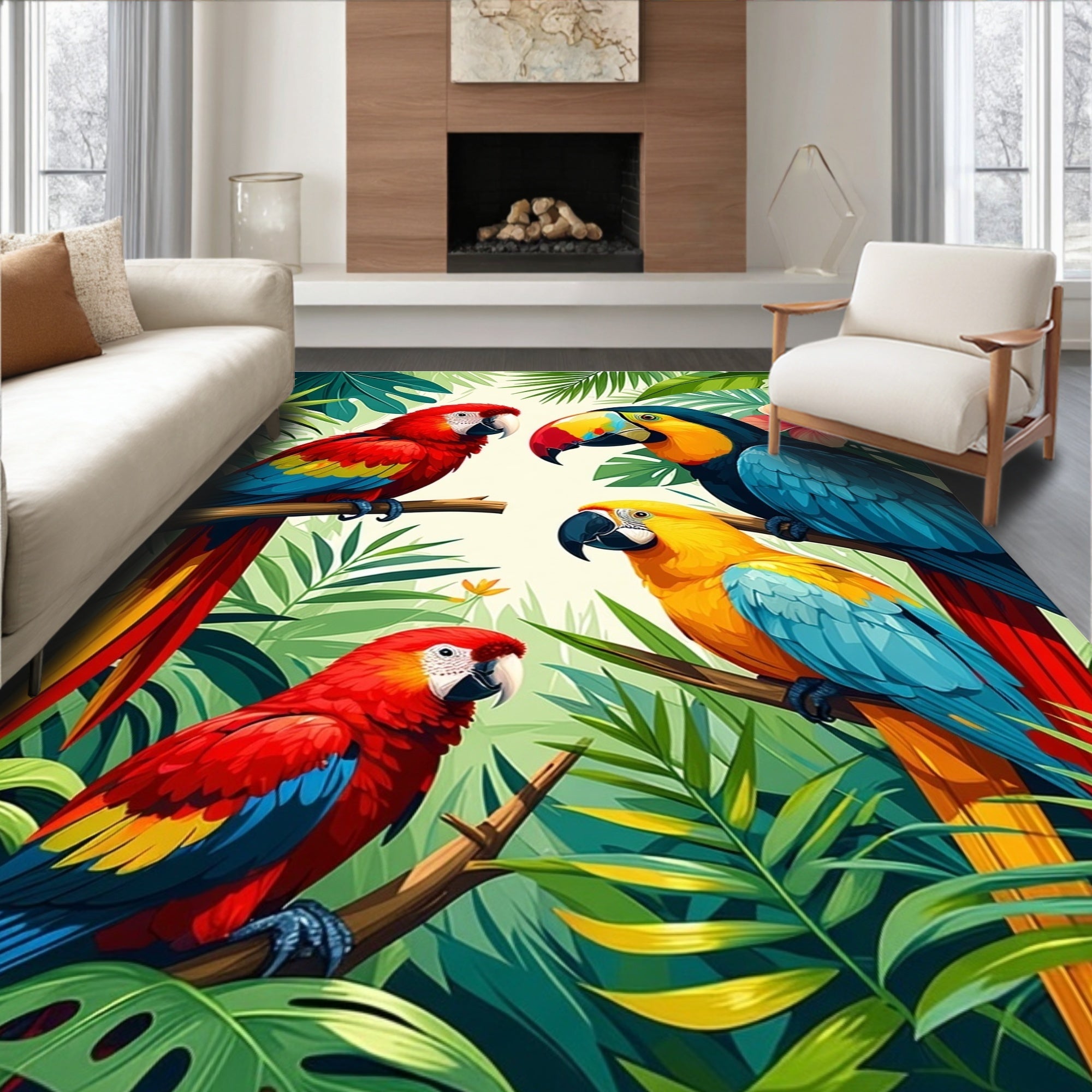 Vibrant Tropical Birds Foliage Pattern Rug