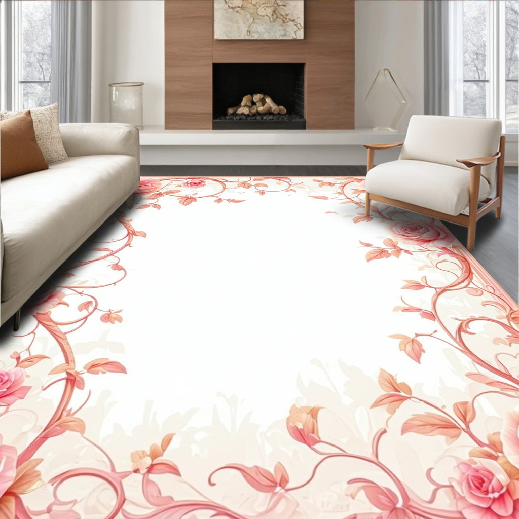 Pink Floral Vines Patterned Rug