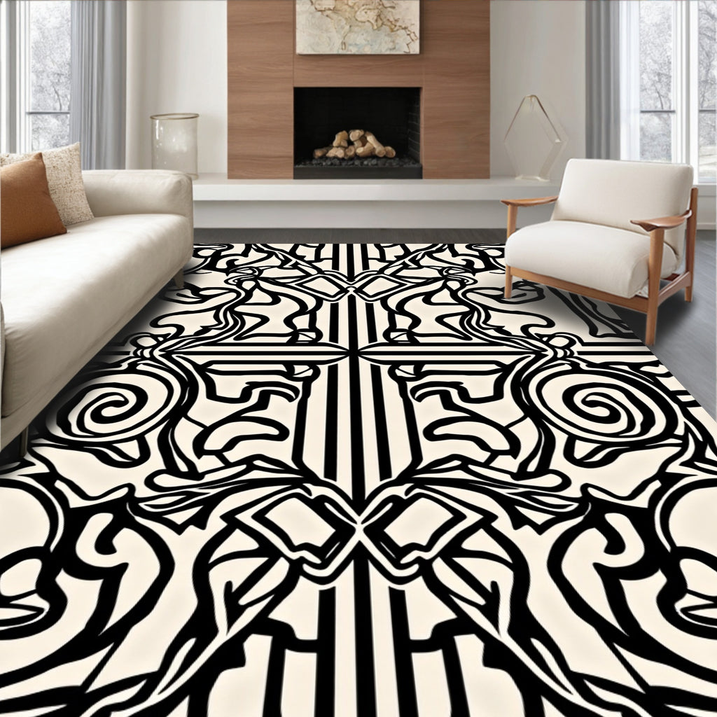 Bold Black White Scroll Pattern Rug
