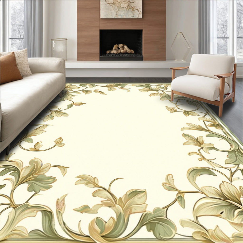 Ornate Floral Swirls Cream Green Rug