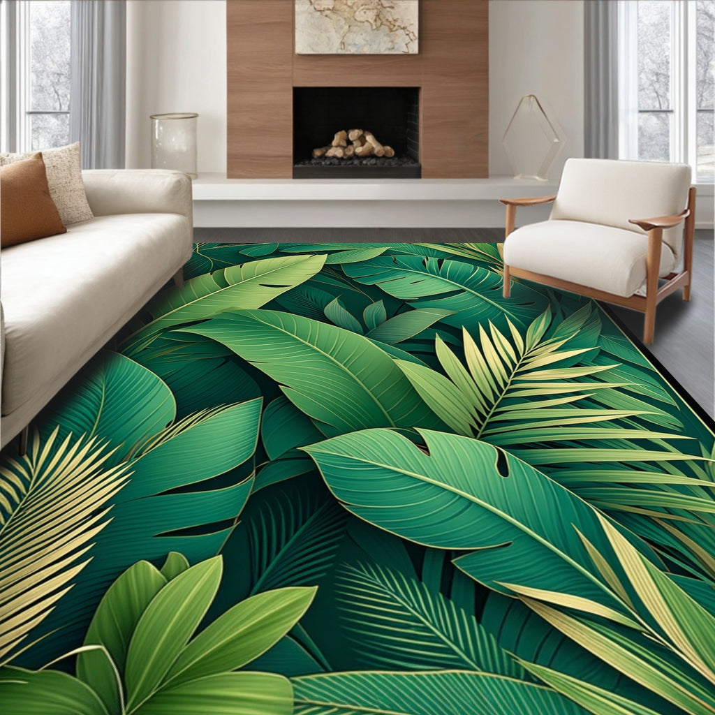 Lush Green Leafy Tropical Pattern Rug