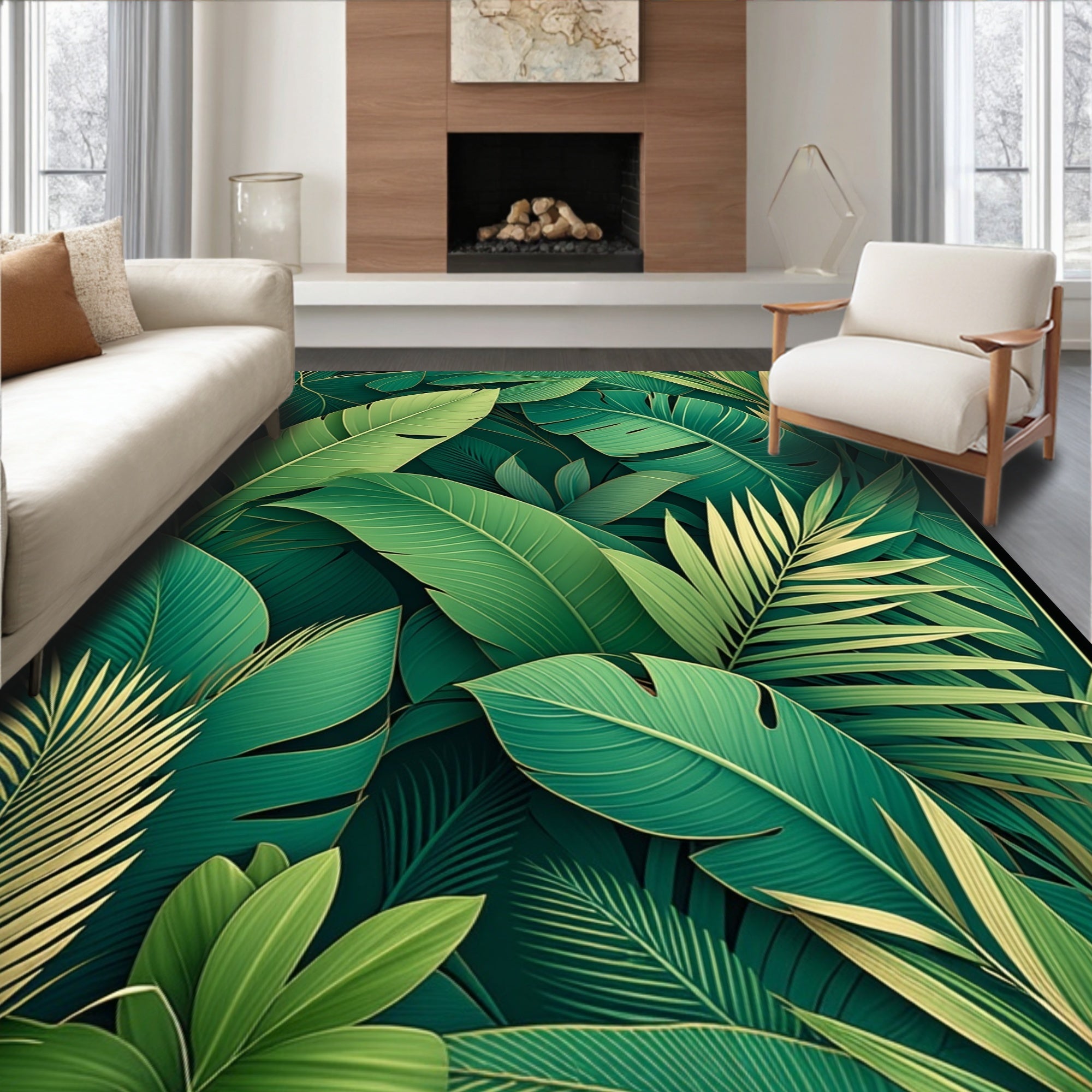 Lush Green Leafy Tropical Pattern Rug