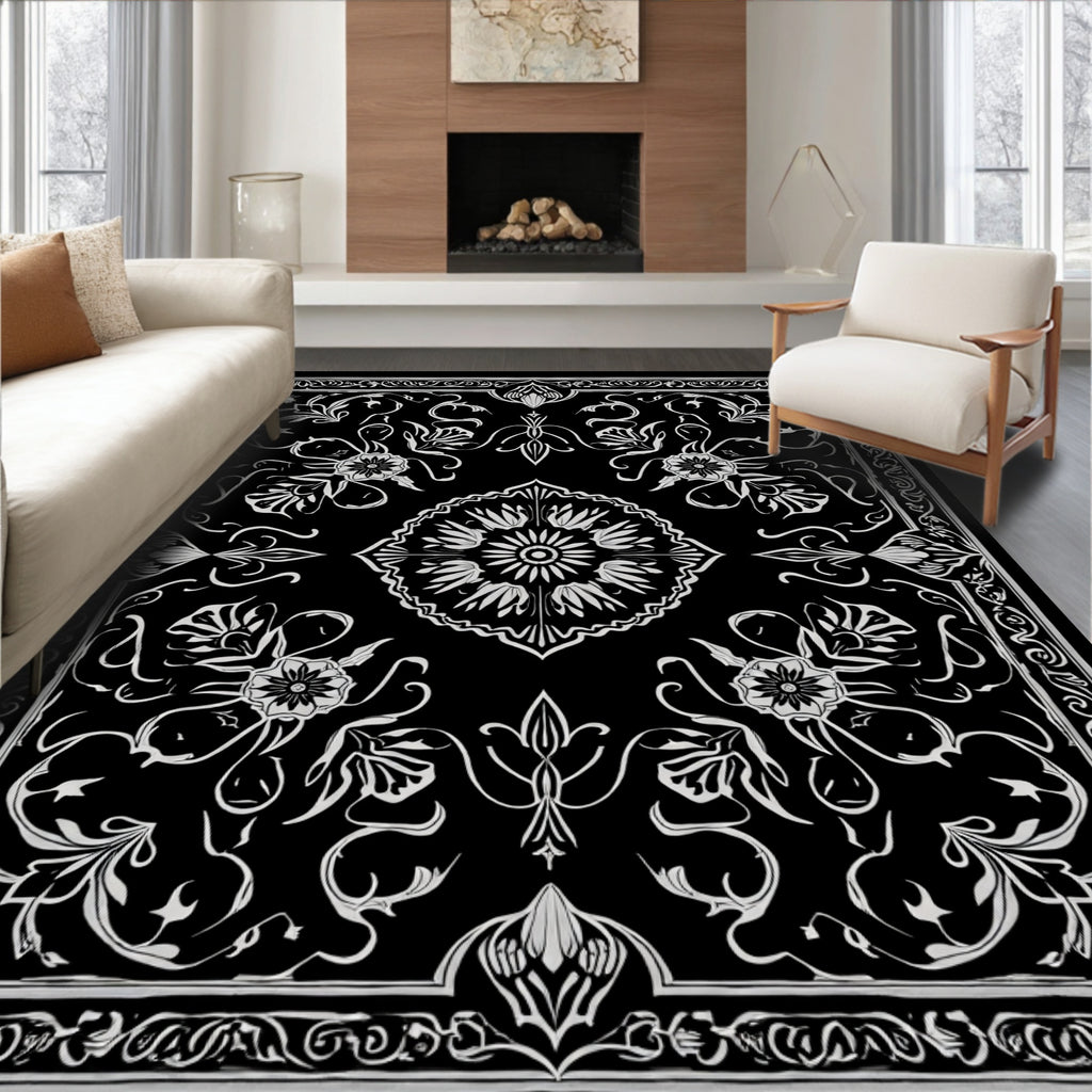 Elegant White Floral Mandala Pattern Rug